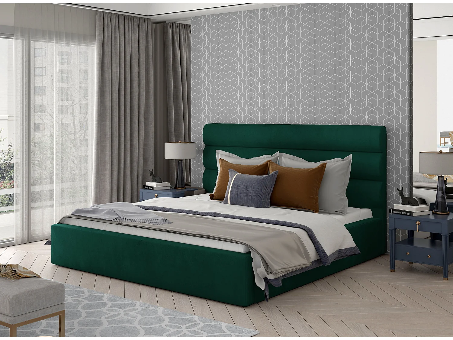 Lit design velours vert avec coffre de rangement Klarina - 4 tailles-180x200