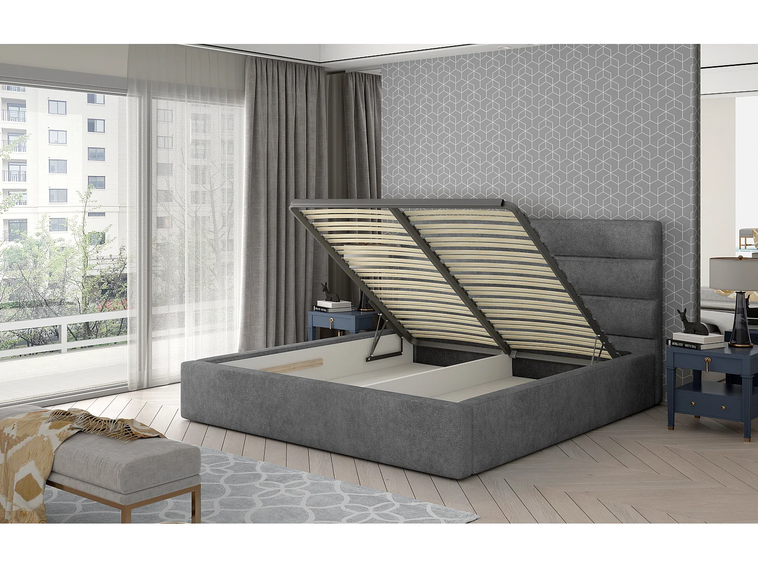 Lit design velours vert avec coffre de rangement Klarina - 4 tailles-180x200