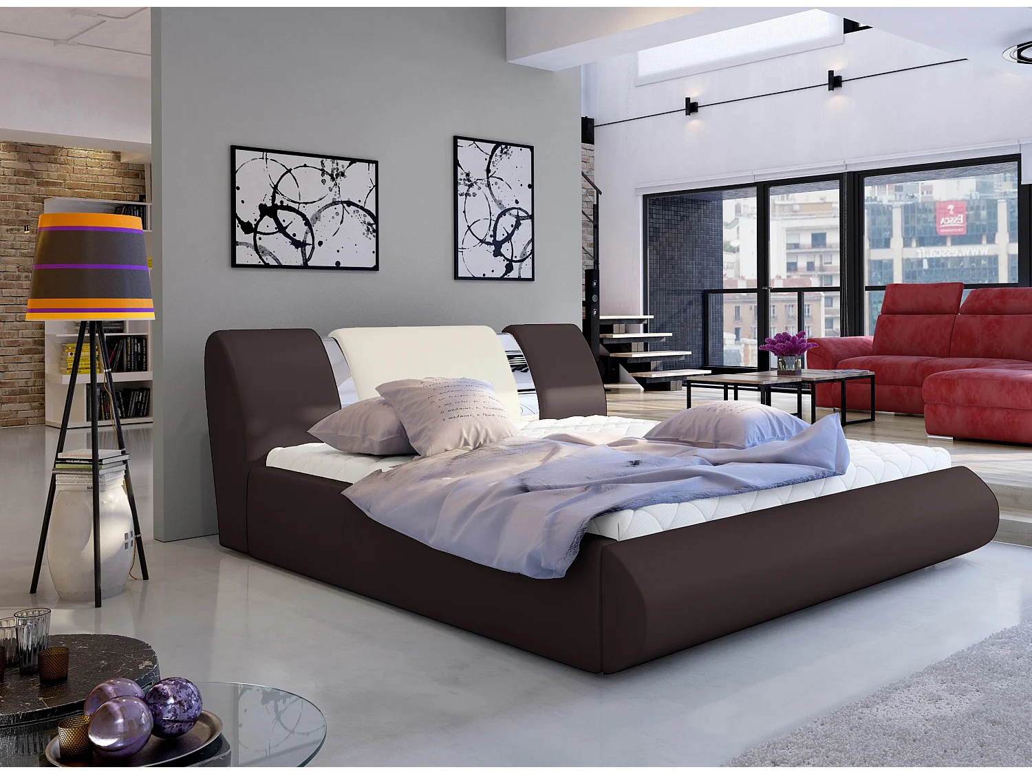 Lit coffre 160x200 simili marron-beige et métal chromé Flavien