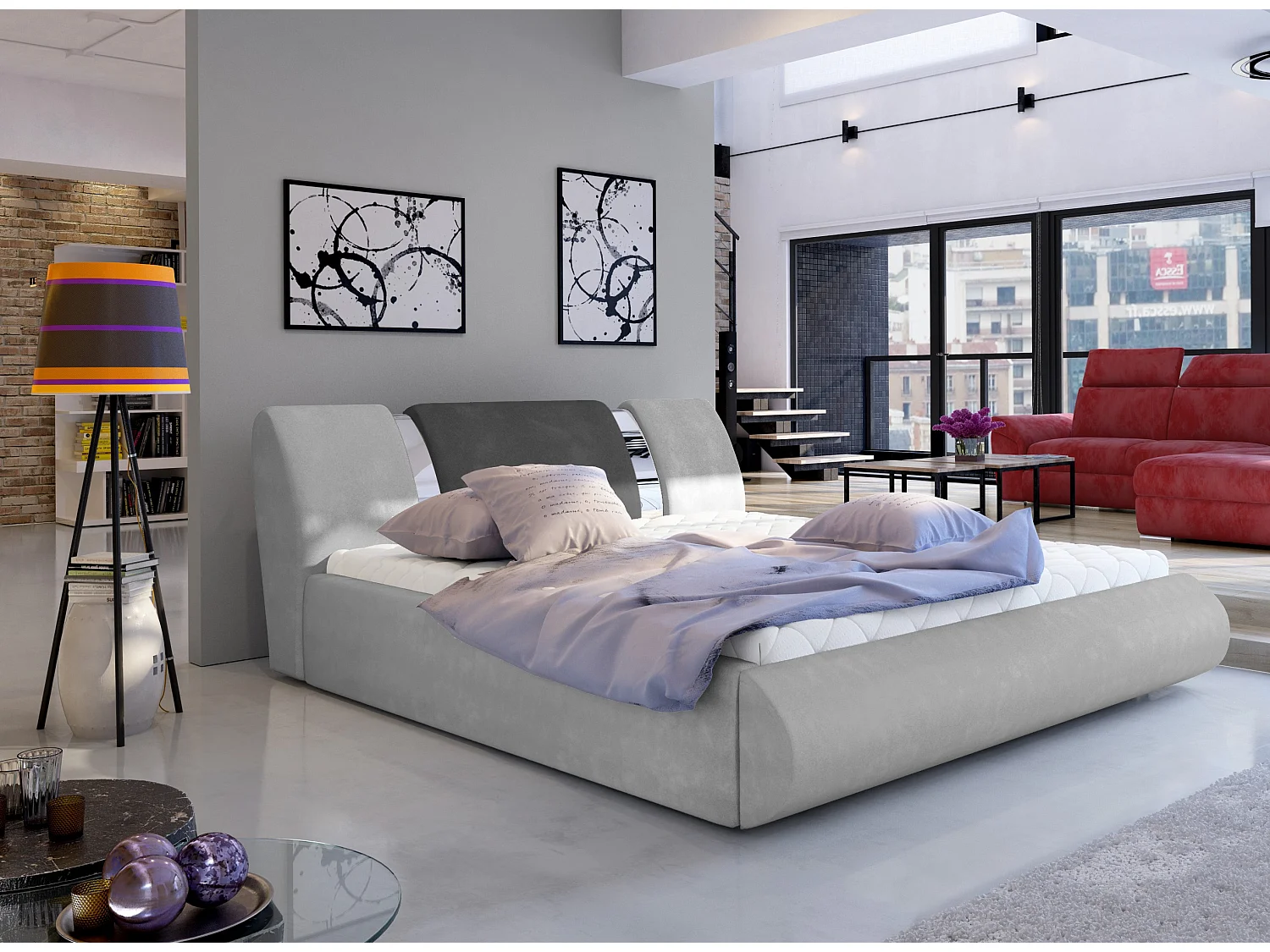 Lit coffre 180x200 tissu gris clair-foncé et métal chromé Flavien