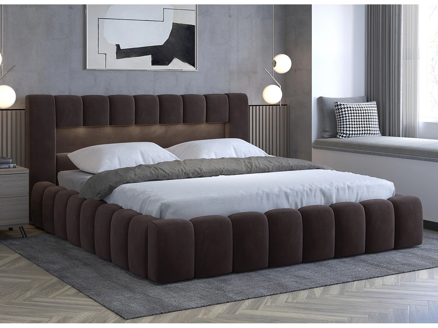 Lit design avec coffre tapissé velours Luto-Couleur Marron-180x200