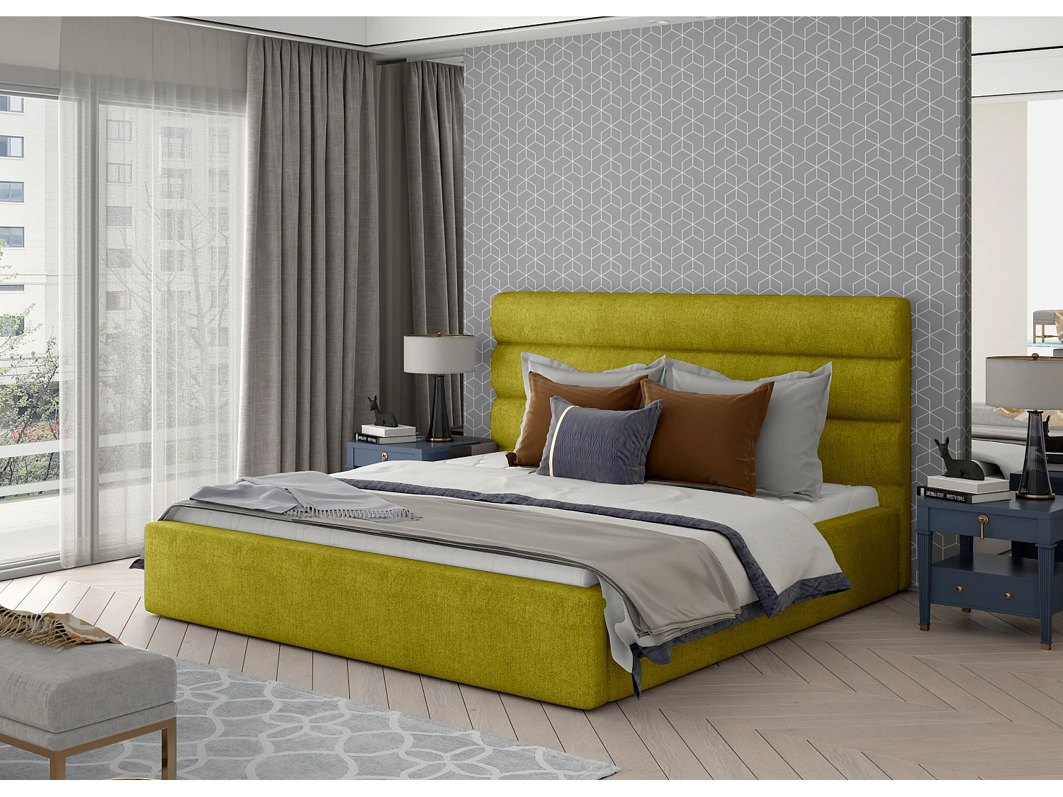 Lit design tissu jaune olive avec coffre de rangement Klarina - 4 tailles-200x200