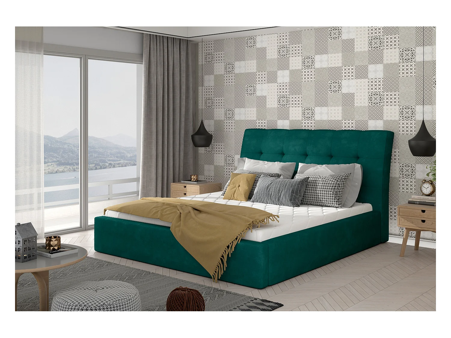 Lit capitonné avec rangement velours vert Klein - 4 tailles-180x200