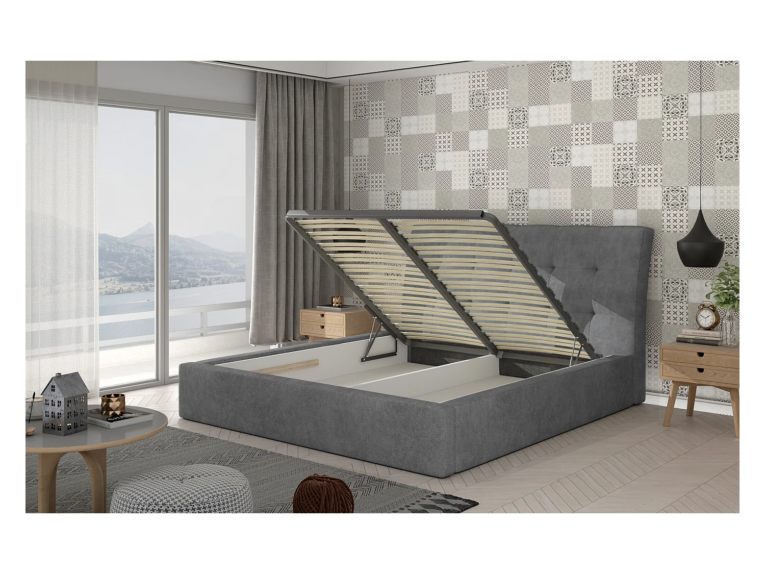 Lit capitonné avec rangement velours vert Klein - 4 tailles-180x200