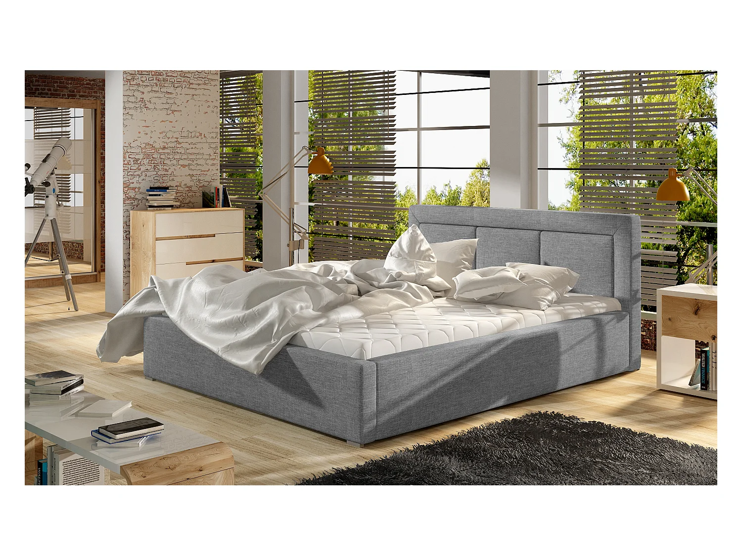 Lit coffre tissu gris clair grand carré capitonné Berlino - 4 tailles-160x200