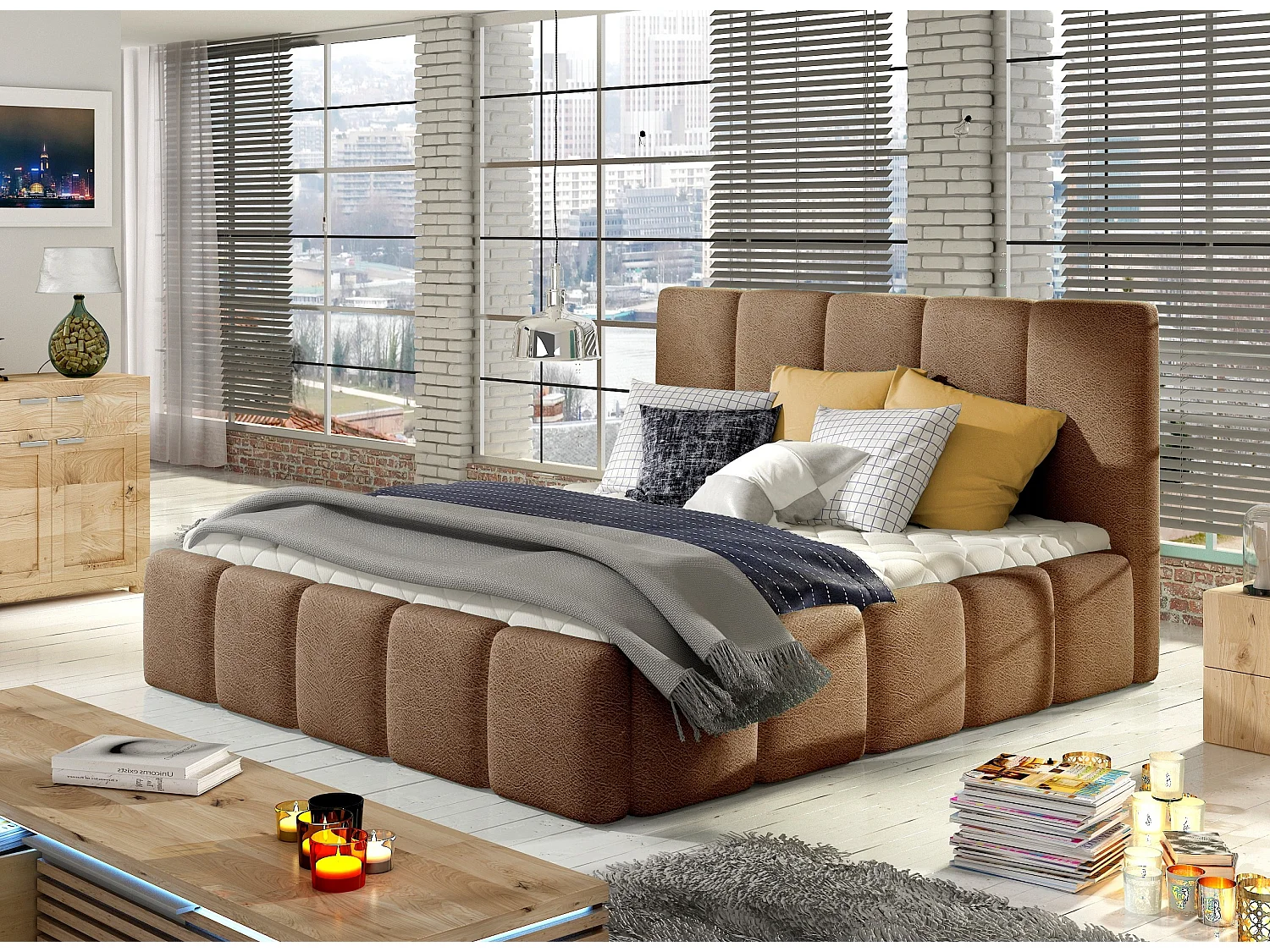 Lit adulte Vika – Velours capitonné-Marron clair-140x200-Version avec sommier
