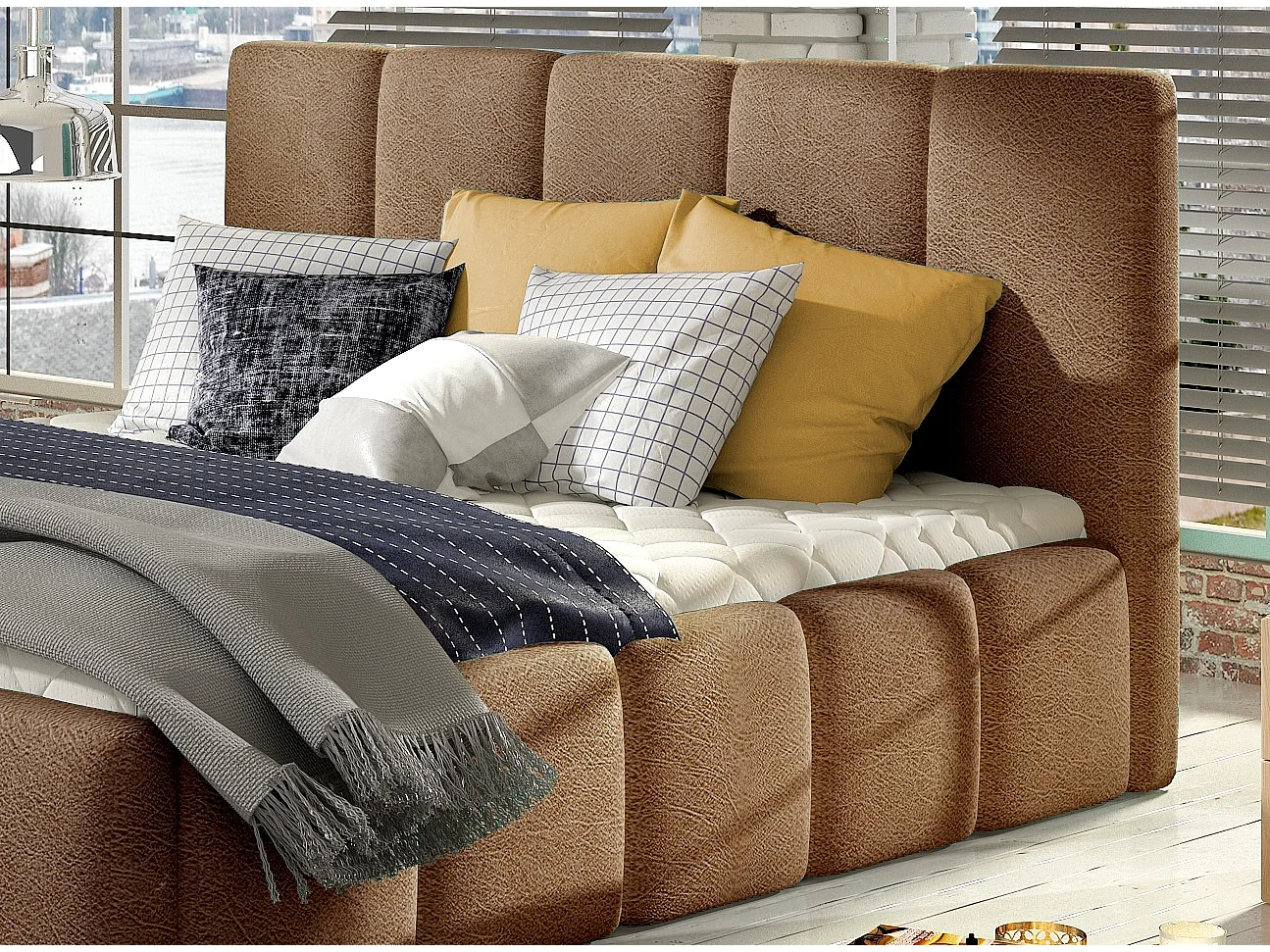 Lit adulte Vika – Velours capitonné-Marron clair-140x200-Version avec sommier