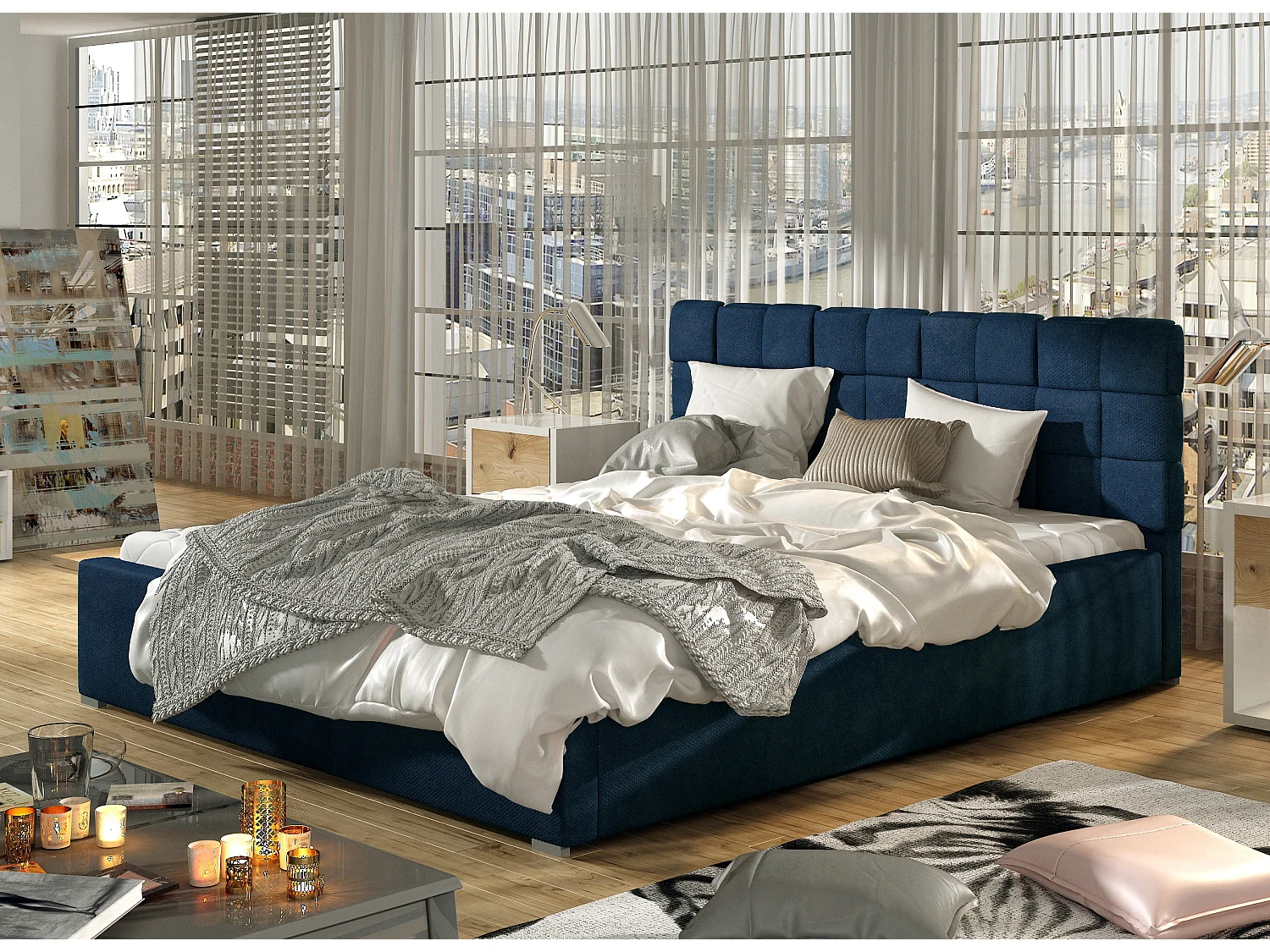 Volwassen bed met opbergdoos Kanda – Gewatteerd fluweel-Kleur Donkerblauw-Slapen 200x200cm