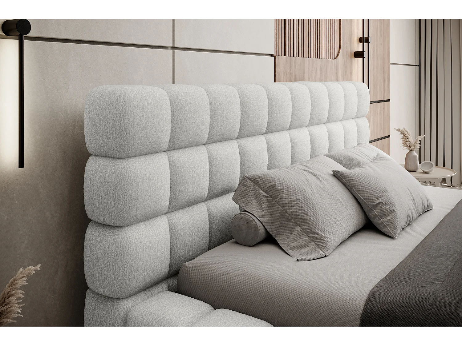 Lit coffre design avec capitonnage tissu à bouclettes Kaizer-Couleur Blanc-140x200