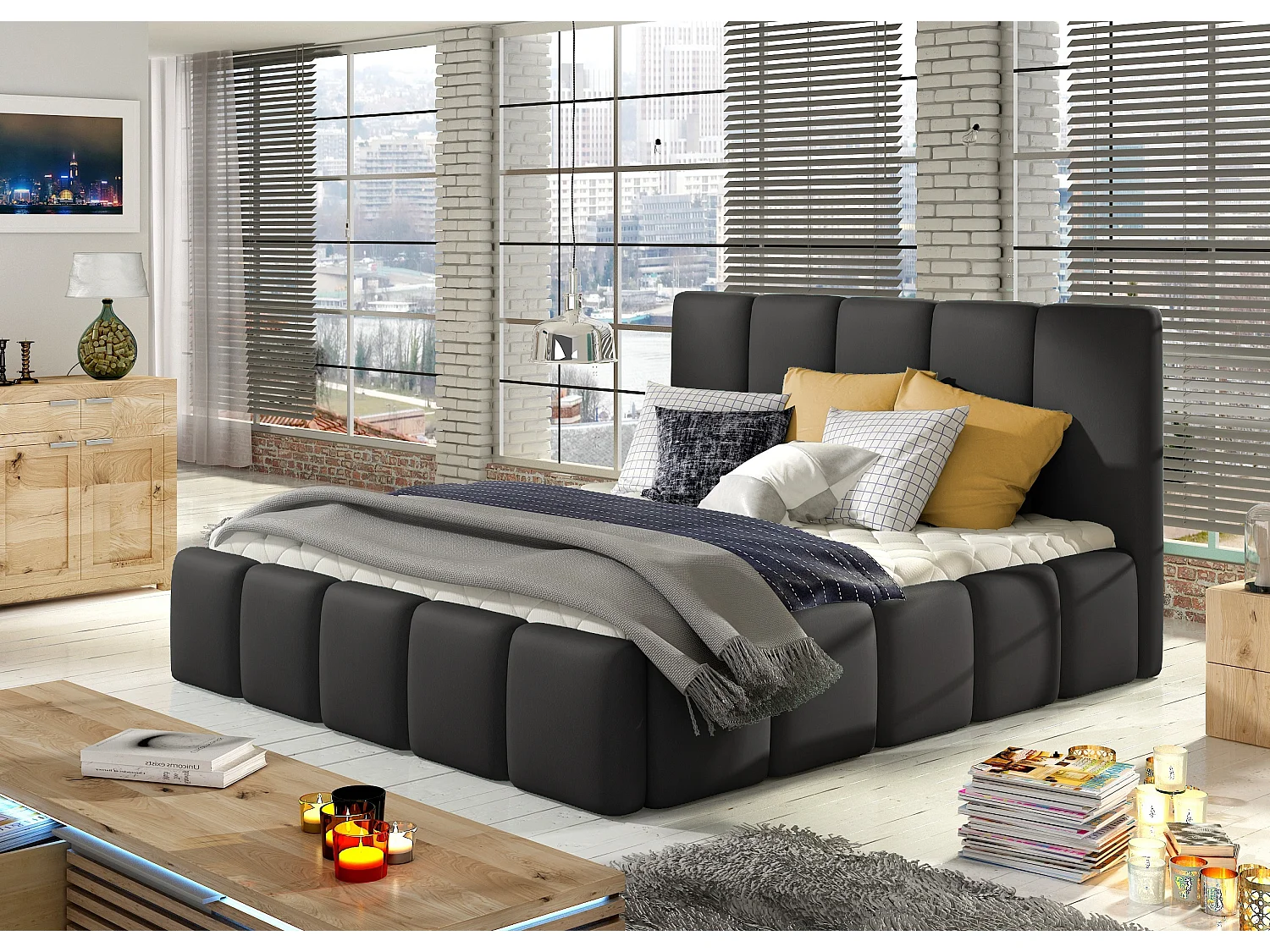 Lit moderne capitonné cuir synthétique Vika-Couleur Noir-140x200