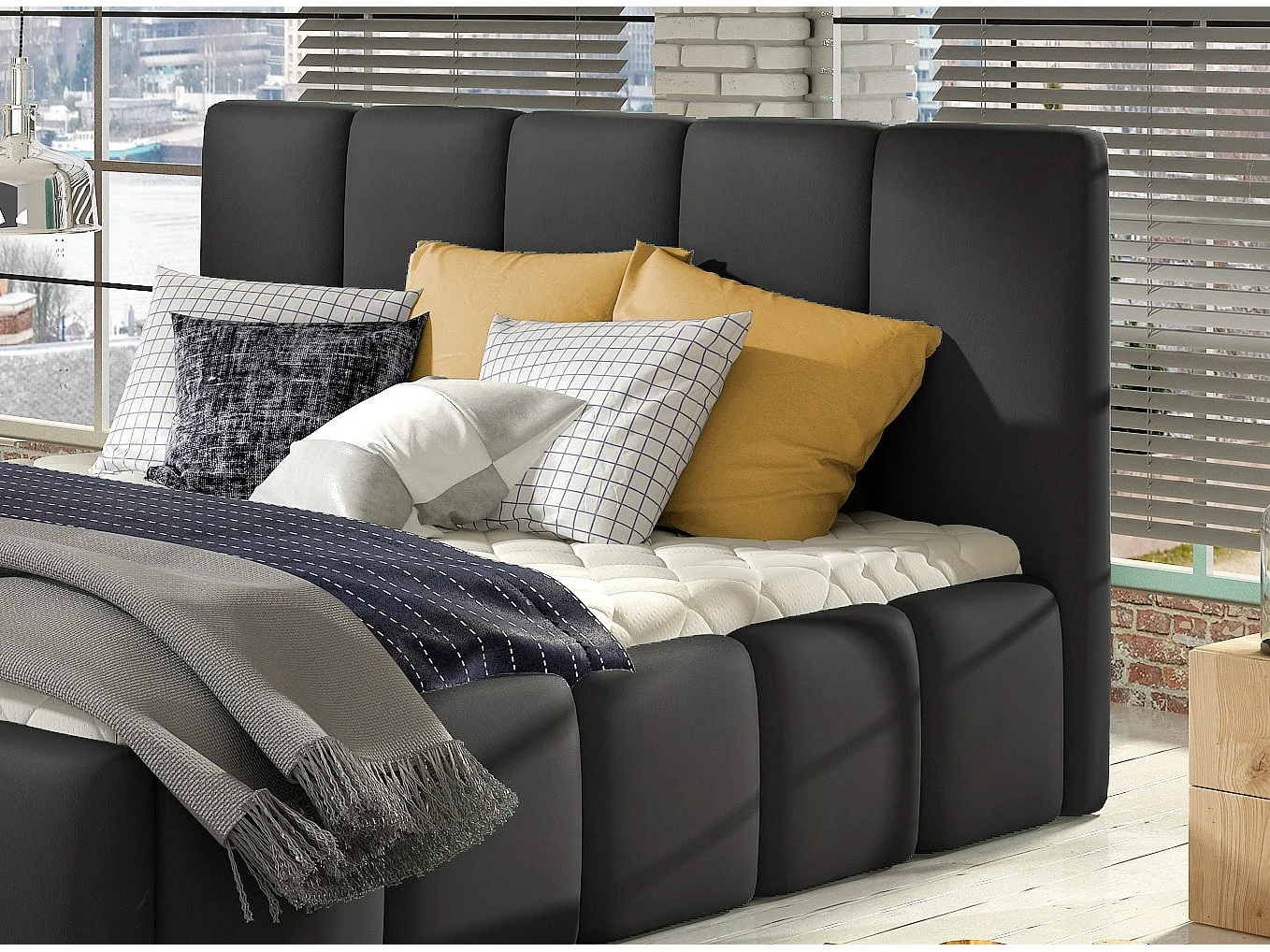 Lit moderne capitonné cuir synthétique Vika-Couleur Noir-140x200