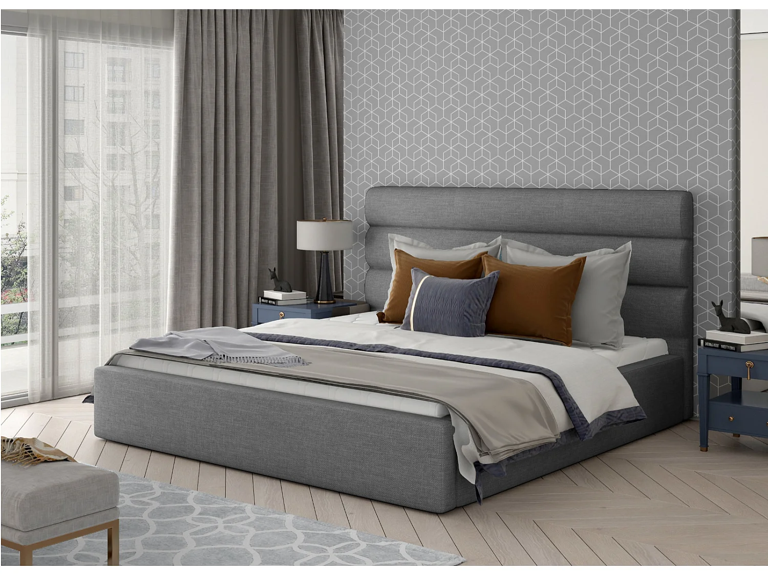 Lit design tissu jaune olive avec coffre de rangement Klarina - 4 tailles-160x200