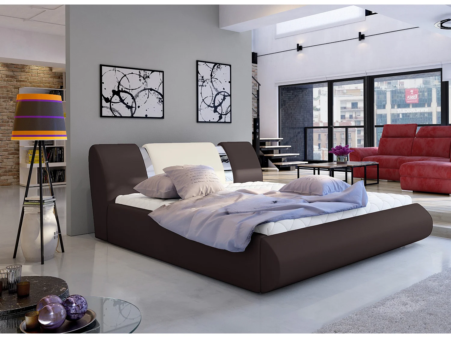 Lit coffre 140x200 simili marron-beige et métal chromé Flavien