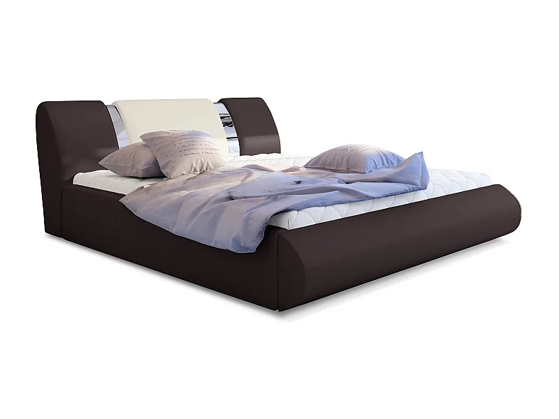 Lit coffre 140x200 simili marron-beige et métal chromé Flavien