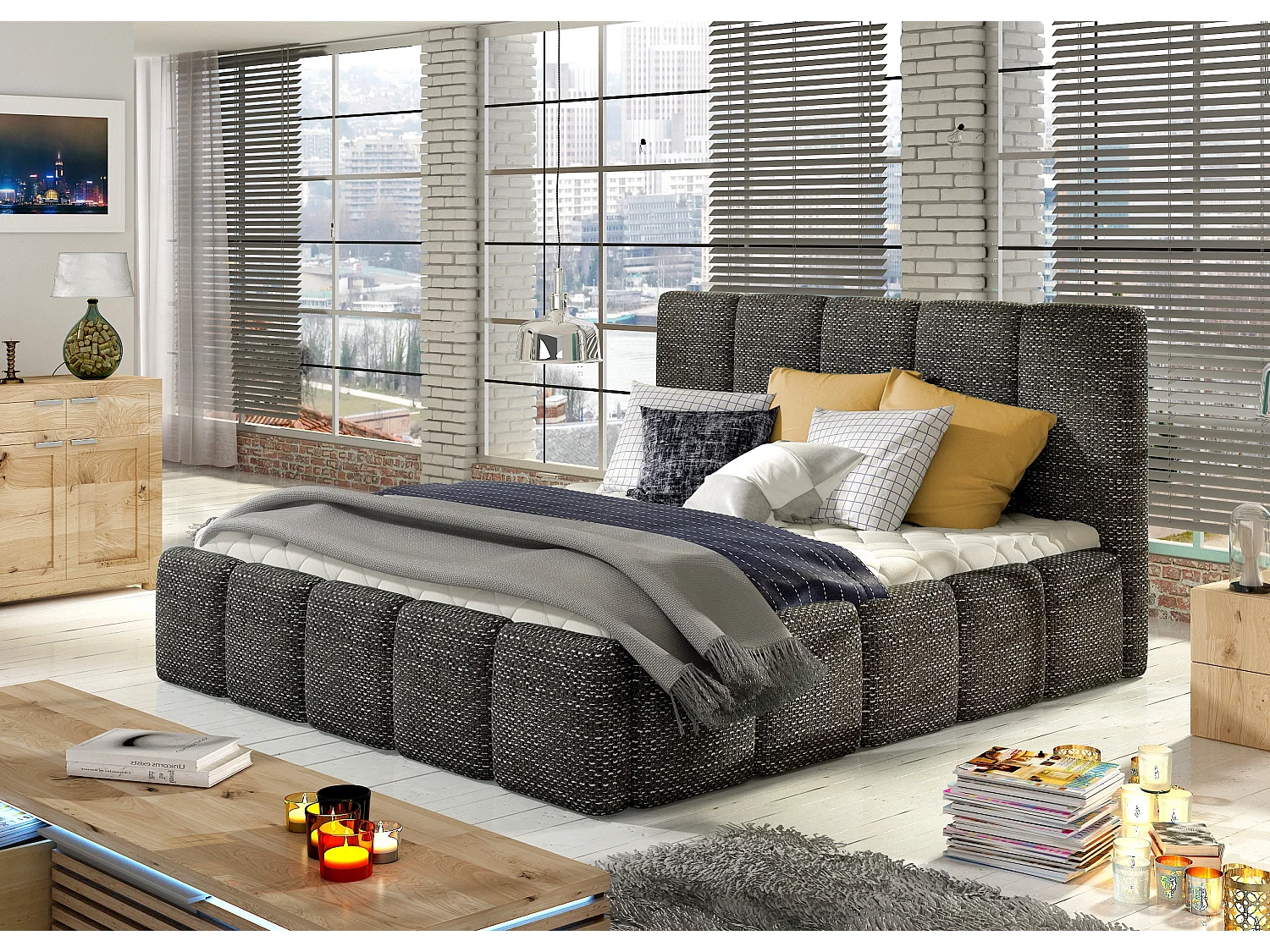 Lit adulte avec coffre de rangement Vika – Tissu capitonné-Noir chiné-180x200