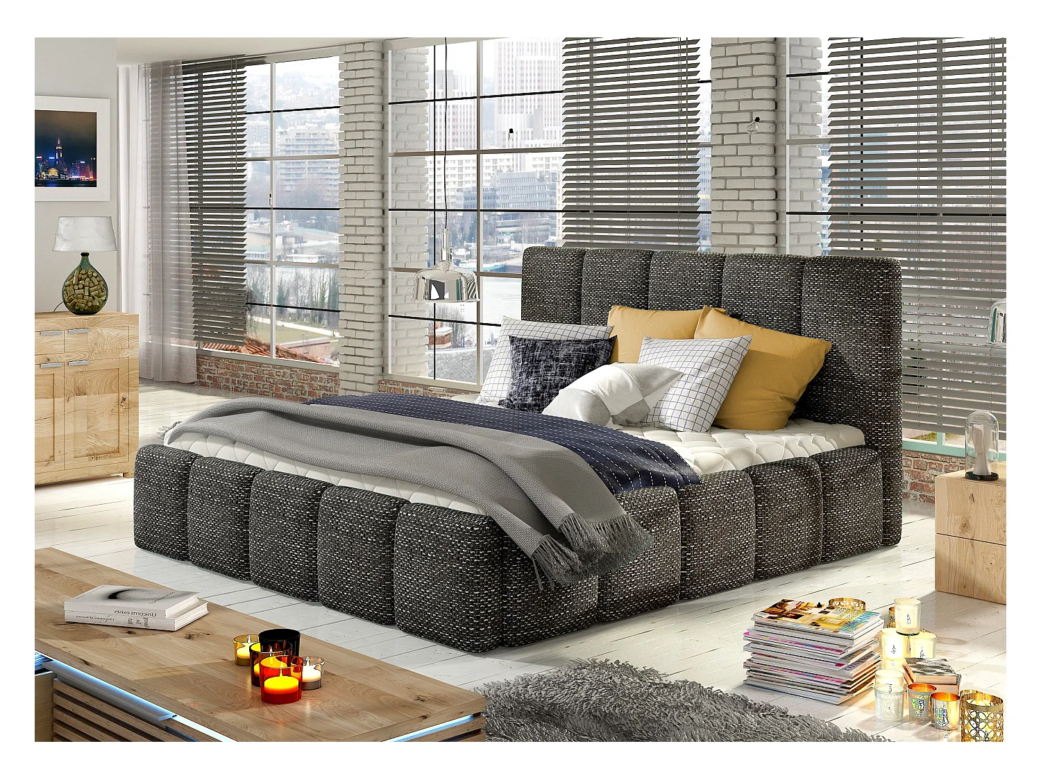 Lit adulte avec coffre de rangement Vika – Tissu capitonné-Noir chiné-180x200