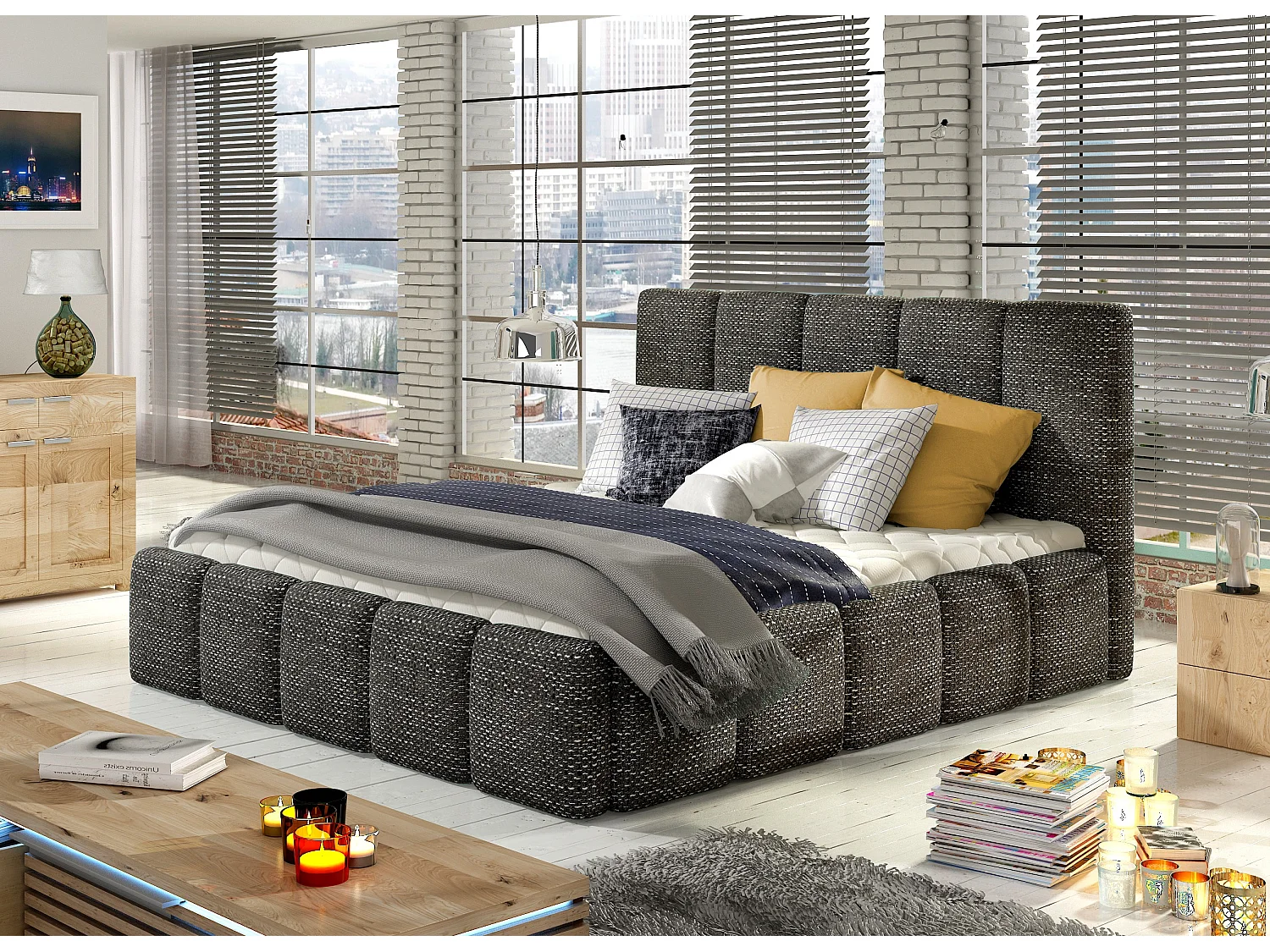 Lit adulte avec coffre de rangement Vika – Tissu capitonné-Noir chiné-180x200