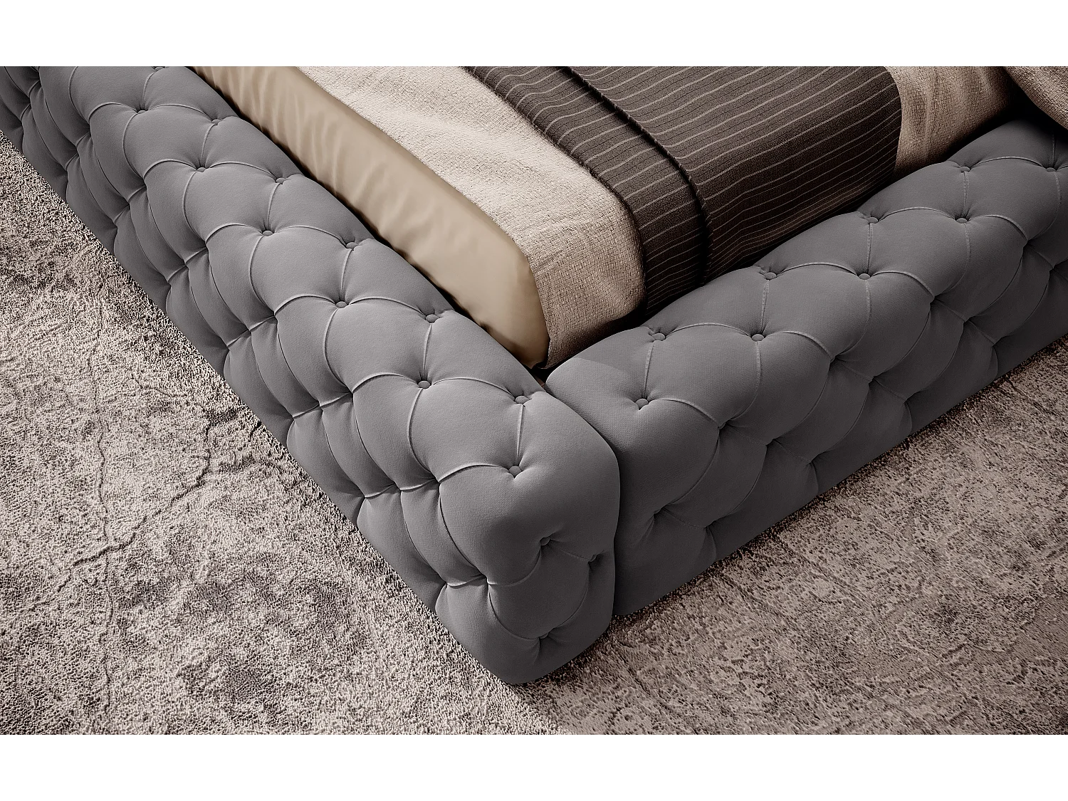 Lit design avec tête de lit et coffre capitonné velours gris foncé Prince - 3 tailles-160x200