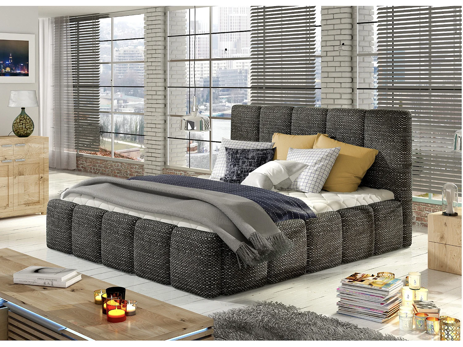 Lit moderne capitonné tissu Vika-Couleur Noir chiné-180x200-Version avec sommier