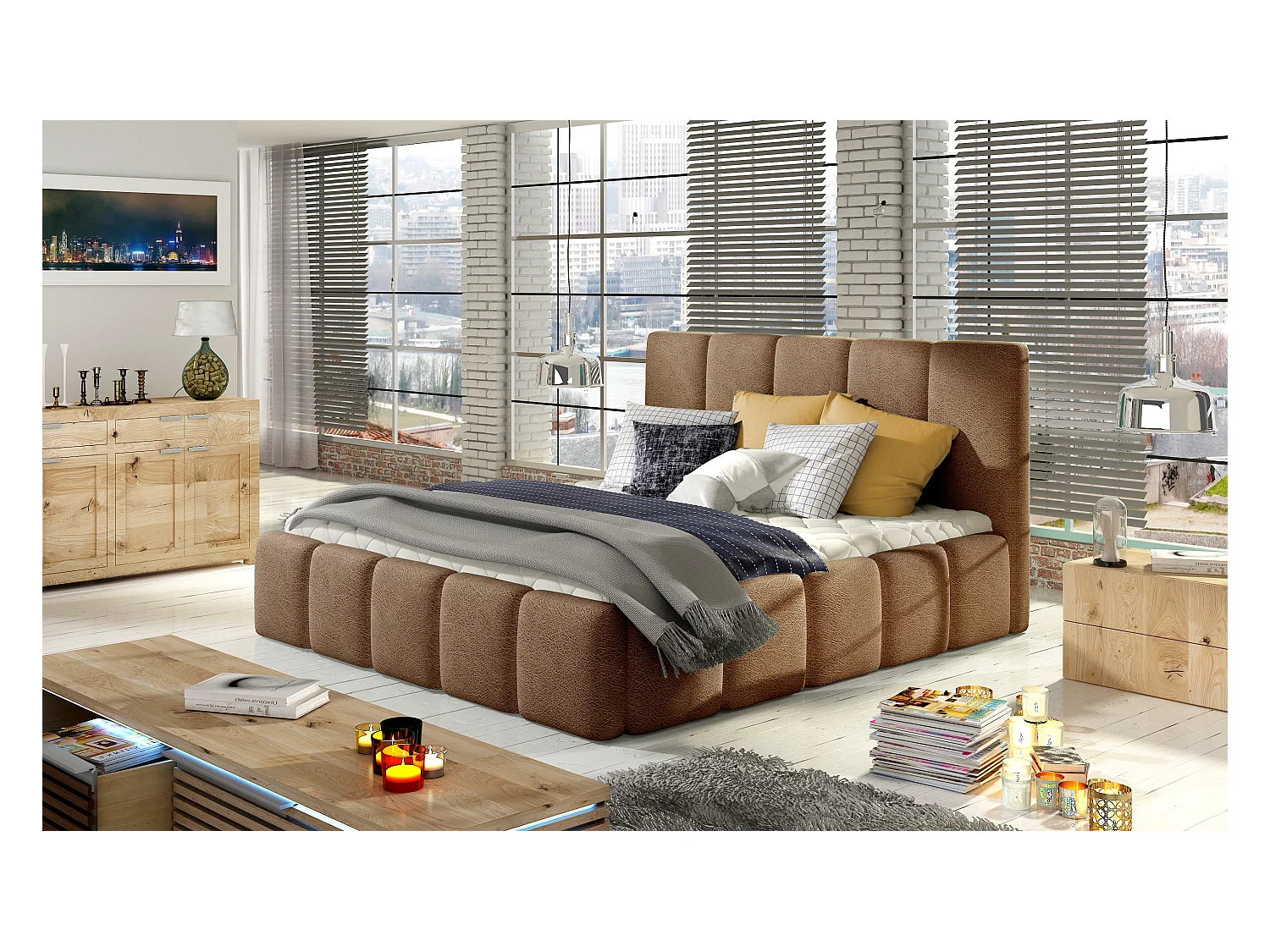 Lit moderne capitonné velours Vika-Couleur Marron clair-160x200