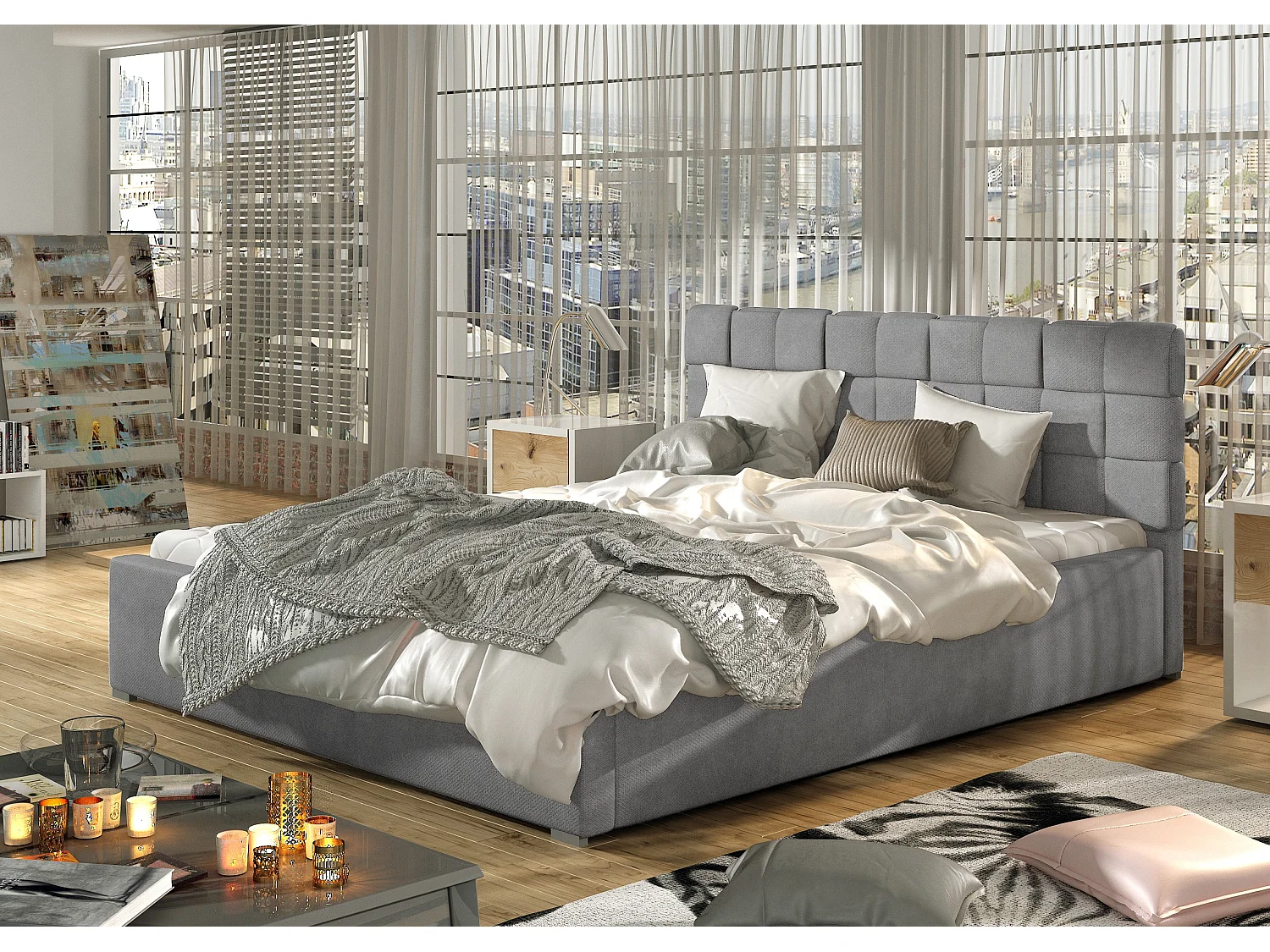 Lit avec coffre de rangement 160x200 capitonné velours gris Kandy