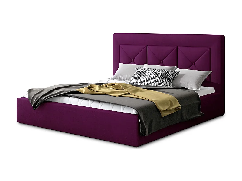 Tweepersoonsbed bekleed met Clarin-fluweel-Kleur Donker magenta-Slapen 140x200cm-Versie met boxspring