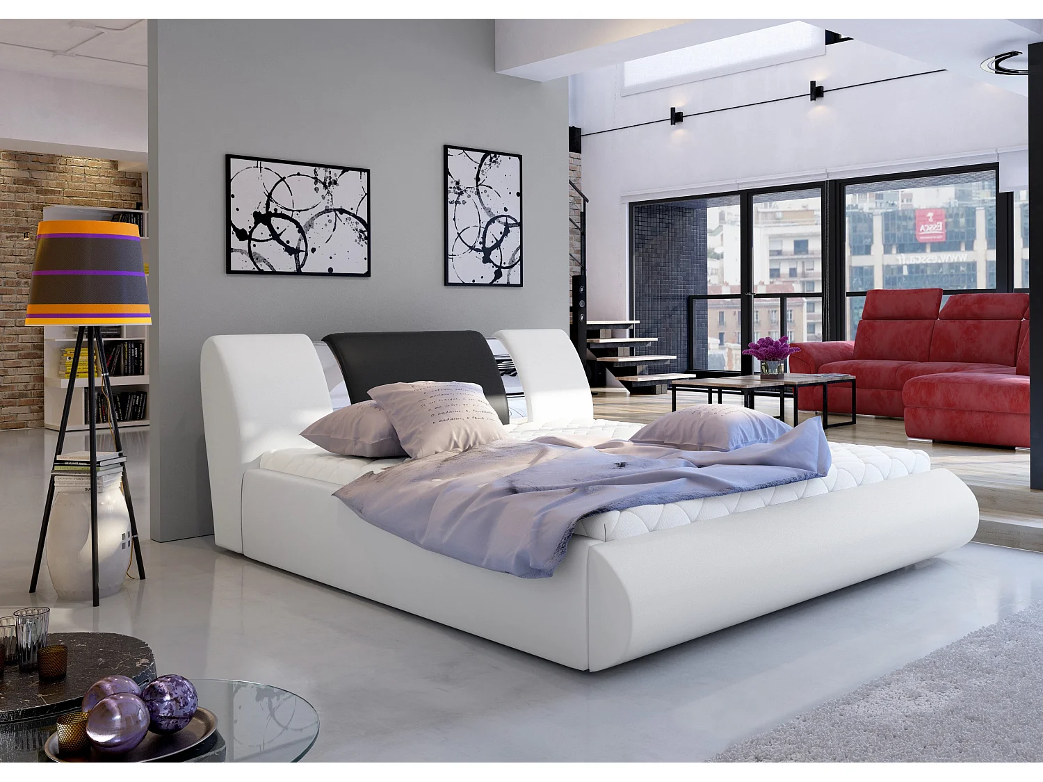 Lit coffre 180x200 simili blanc-noir et métal chromé Flavien