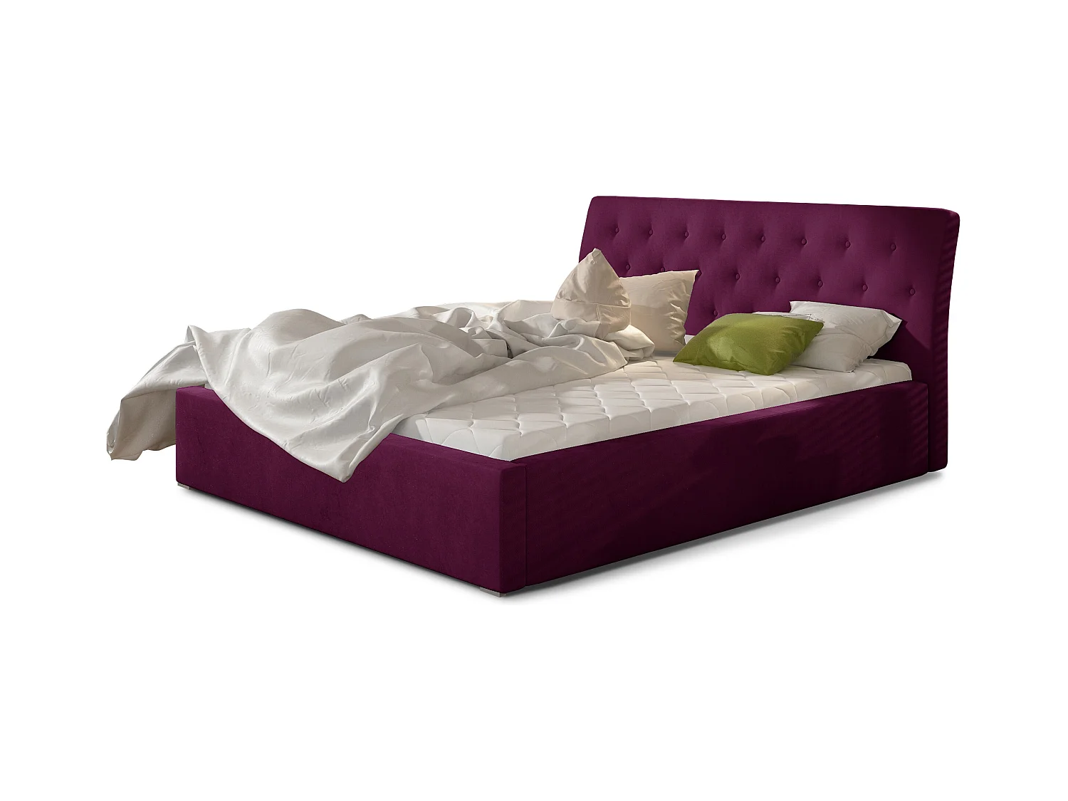 Lit velours capitonné Venizia-Couleur Magenta foncé-140x200-Version avec sommier