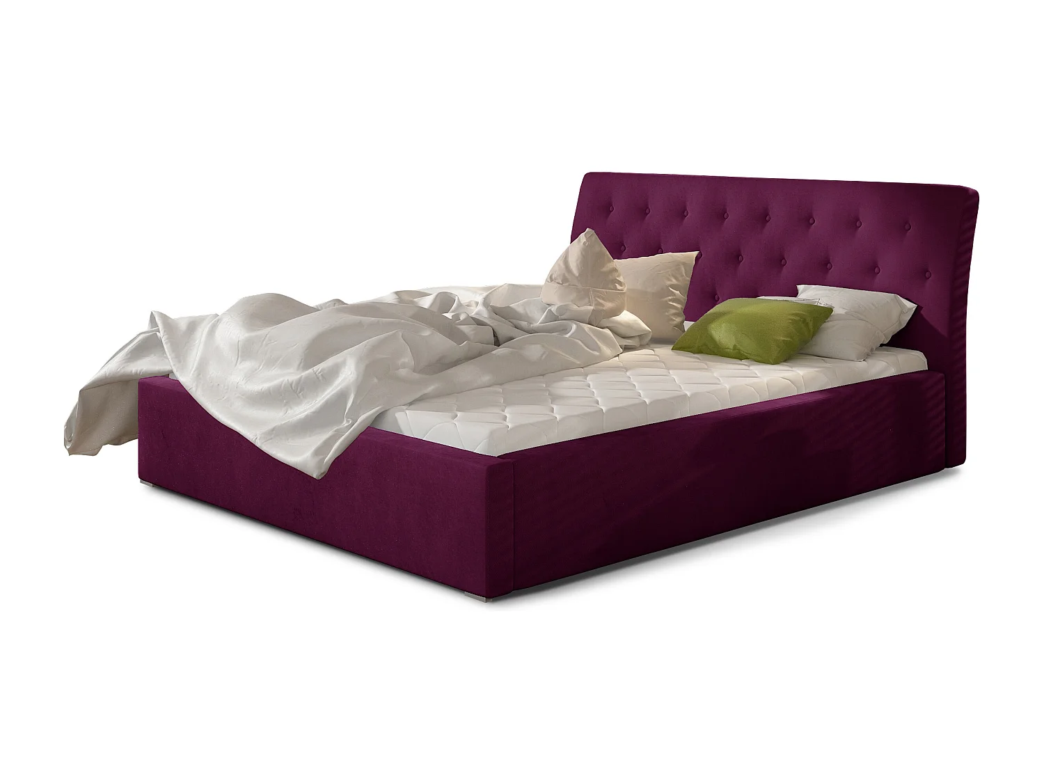 Lit velours capitonné Venizia-Couleur Magenta foncé-140x200-Version avec sommier
