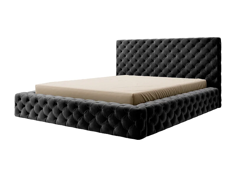 Lit design avec tête de lit et coffre capitonné velours noir Prince - 3 tailles-180x200