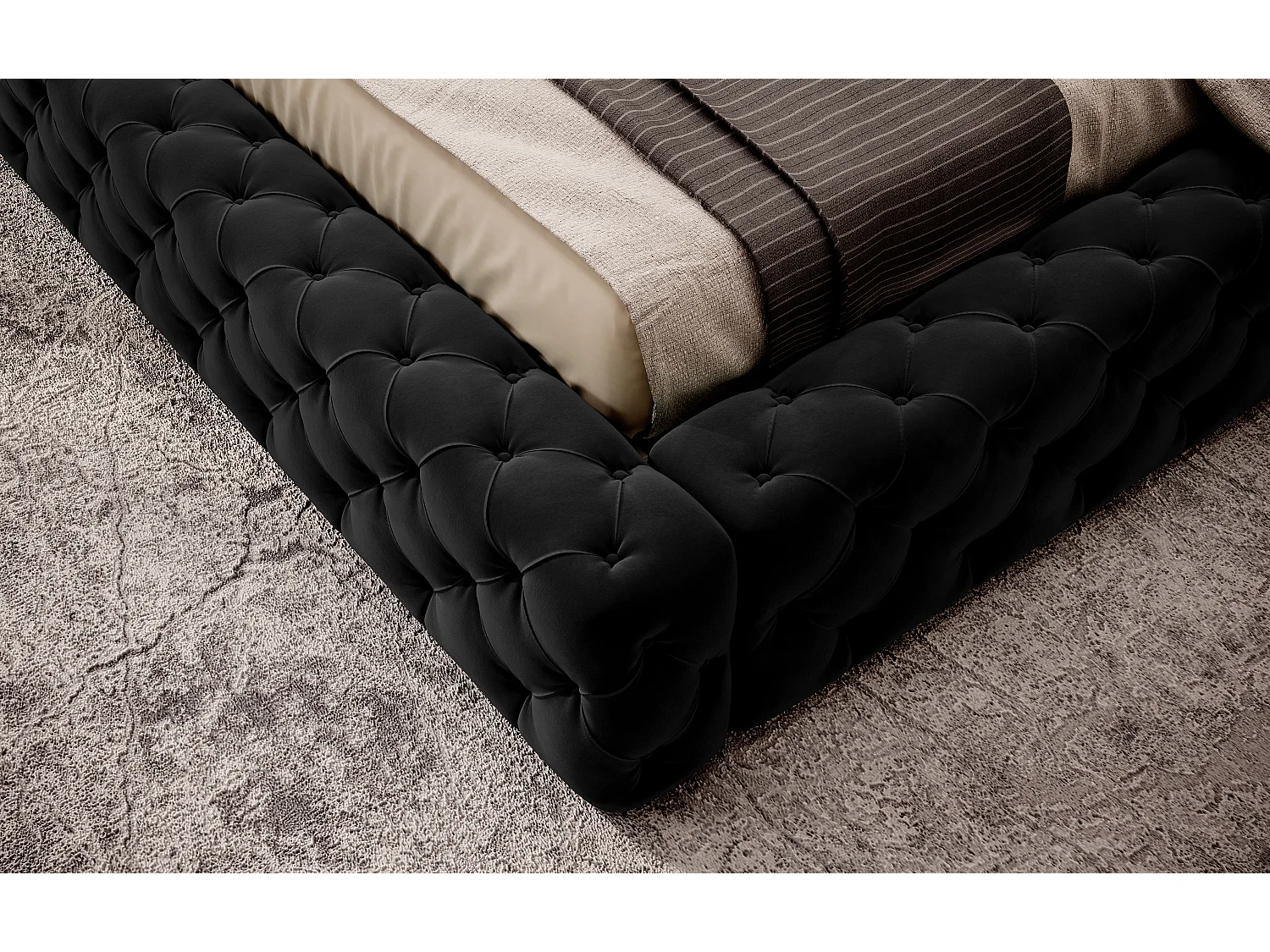 Lit design avec tête de lit et coffre capitonné velours noir Prince - 3 tailles-180x200