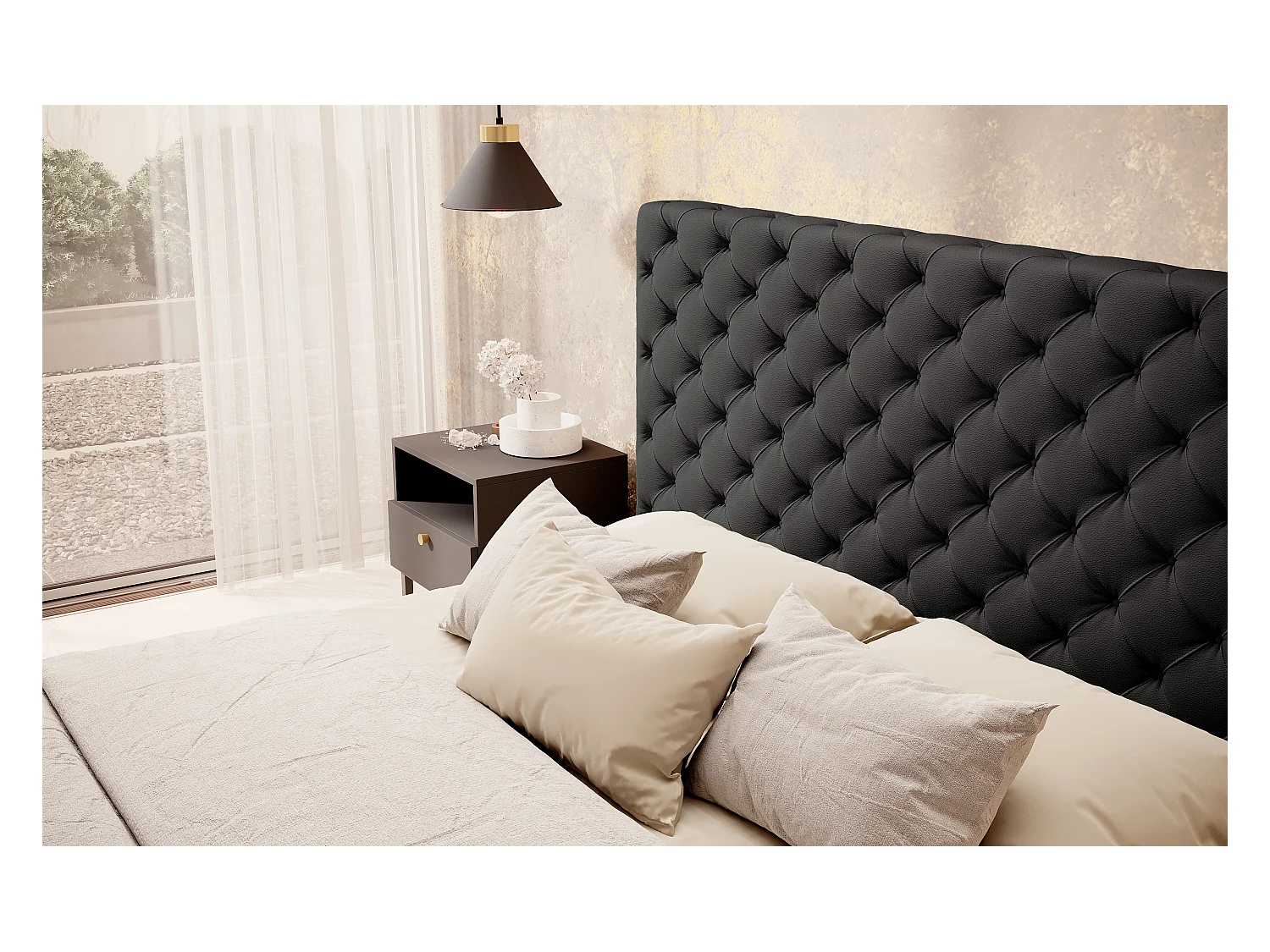 Lit design avec tête de lit et coffre capitonné simili cuir noir Prince - 3 tailles-180x200