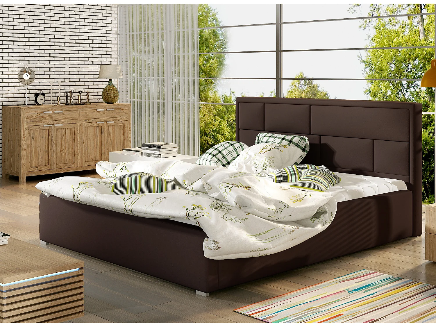 Lit avec coffre simili cuir marron tête de lit capitonnée Lenzo - 4 tailles-200x200