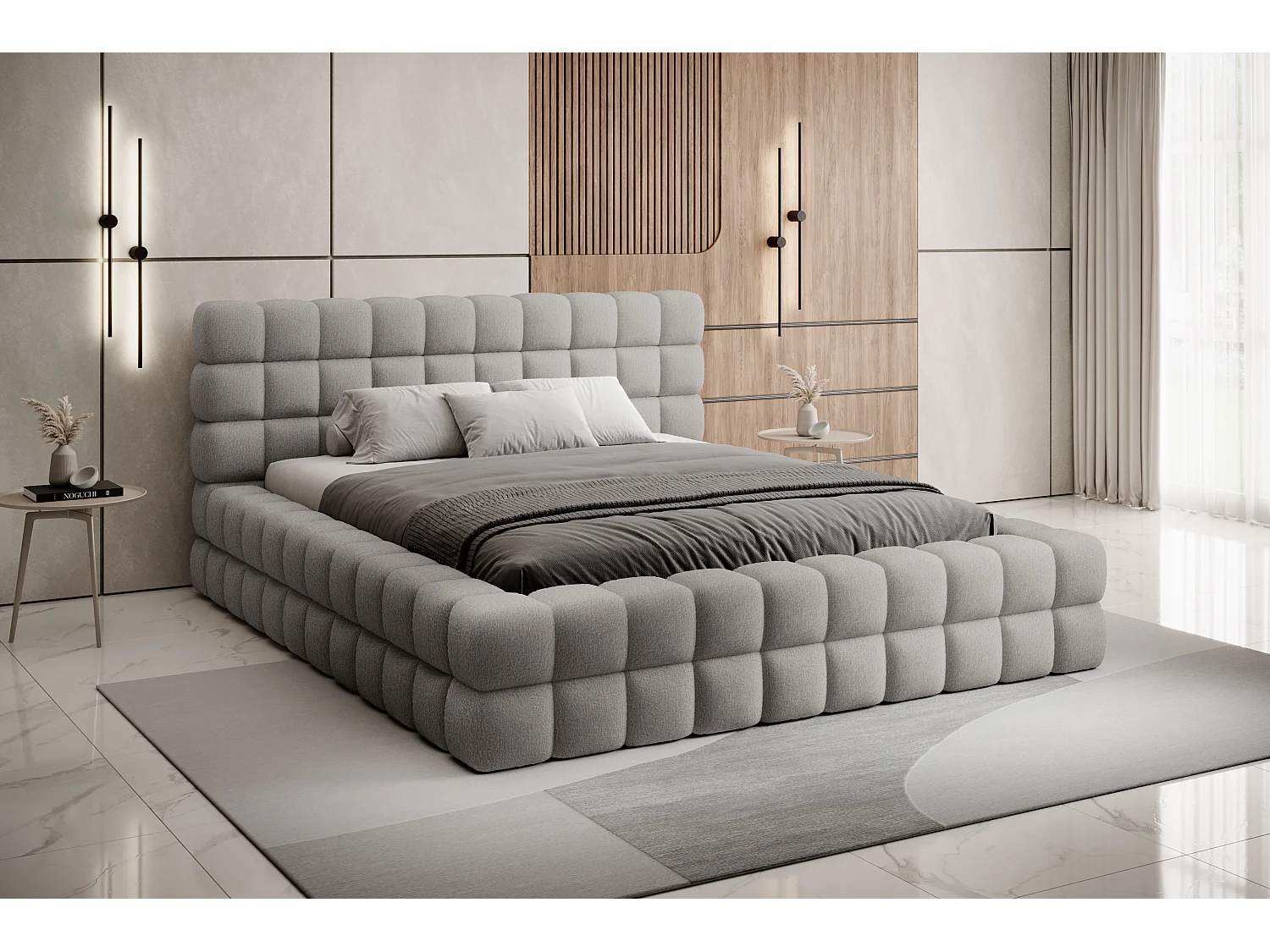 Bed met Kaizer prestige opbergbox – Gewatteerde stoffen bekleding-Kleur Grijs-Slapen 140x200cm