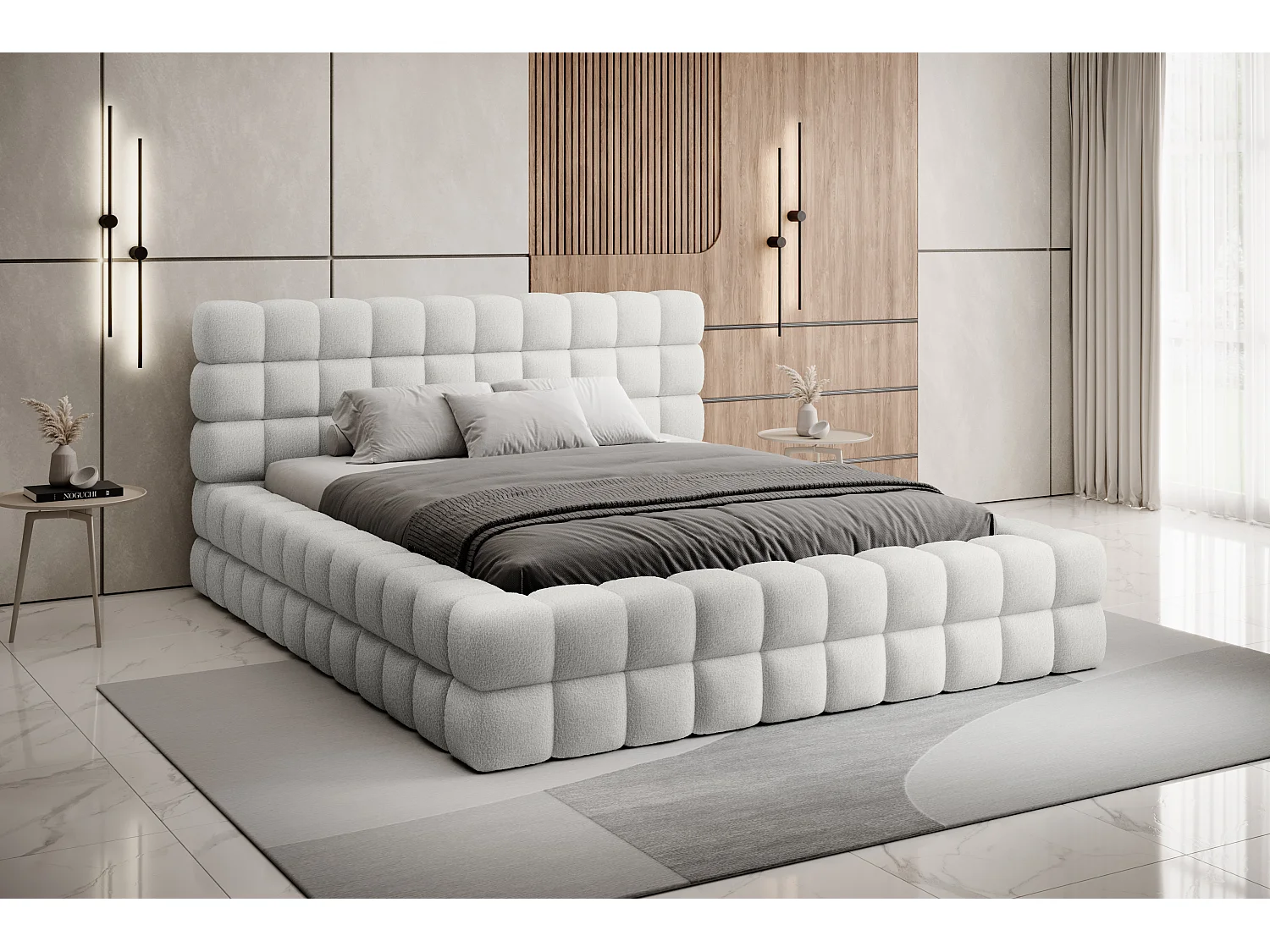 Bed met Kaizer prestige opbergbox – Gewatteerde stoffen bekleding-Kleur Grijs-Slapen 140x200cm