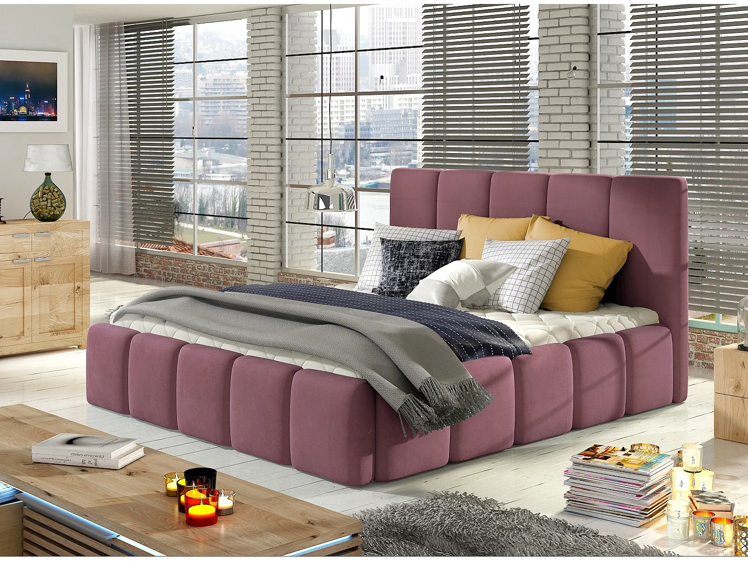 Vika modern gestoffeerd fluwelen bed-Kleur Roze-Slapen 160x200cm-Versie met boxspring