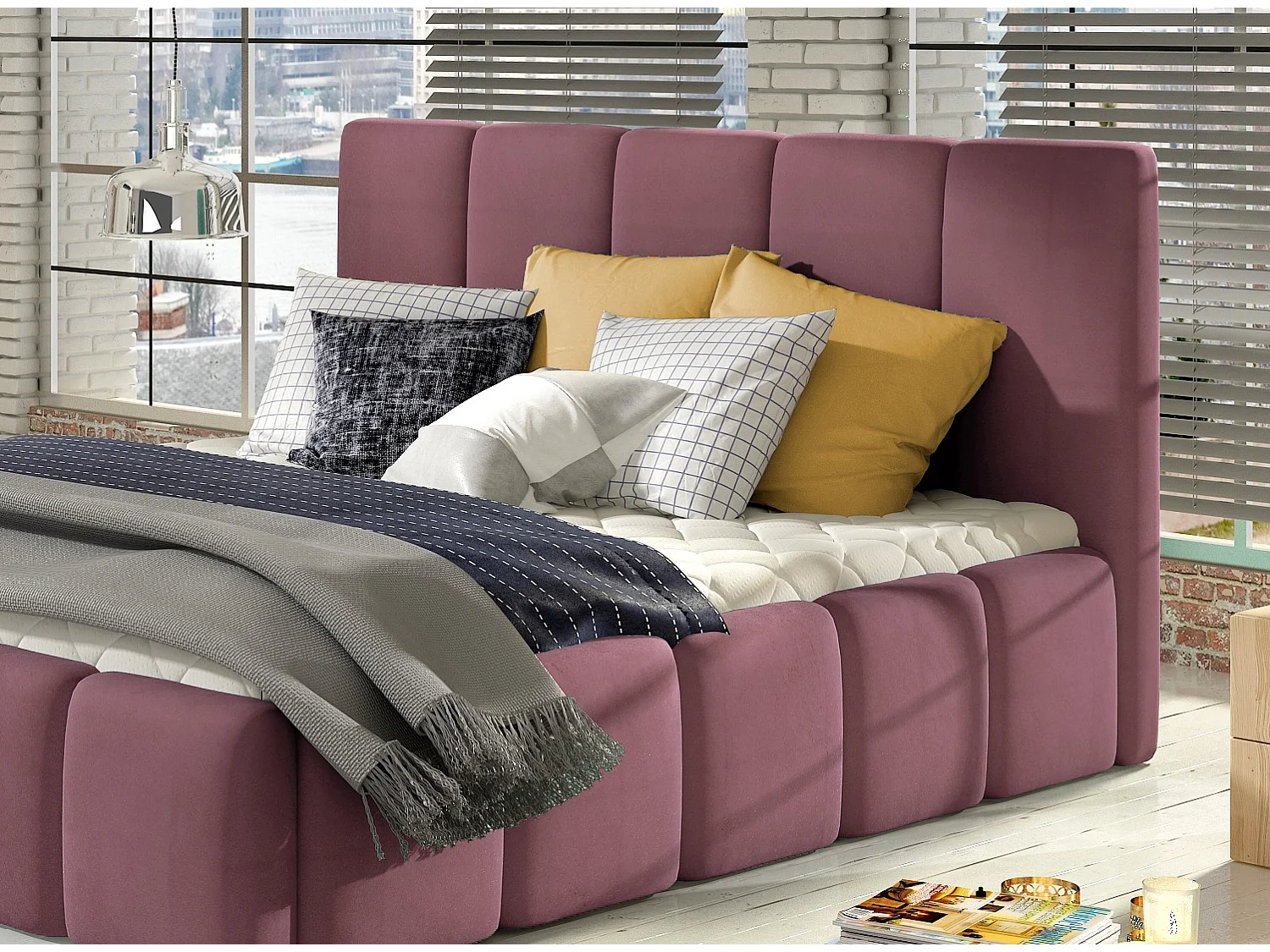 Vika modern gestoffeerd fluwelen bed-Kleur Roze-Slapen 160x200cm-Versie met boxspring