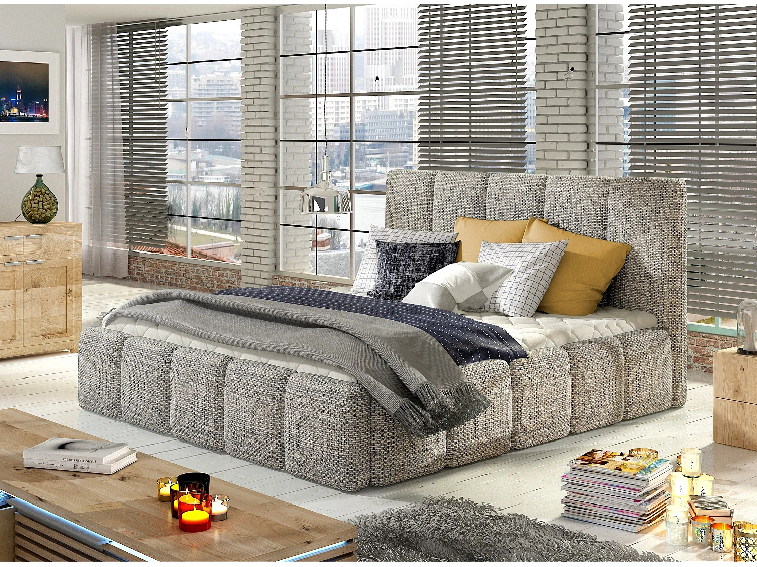 Modern gestoffeerd bed in Vika-stof-Kleur Heide grijs-Slapen 160x200cm-Versie met boxspring
