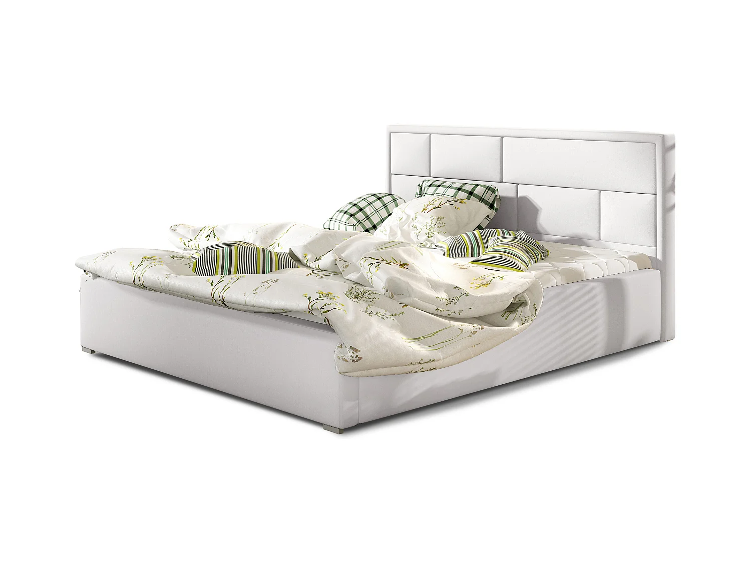 Lit avec coffre simili cuir blanc tête de lit capitonnée Lenzo - 4 tailles-160x200