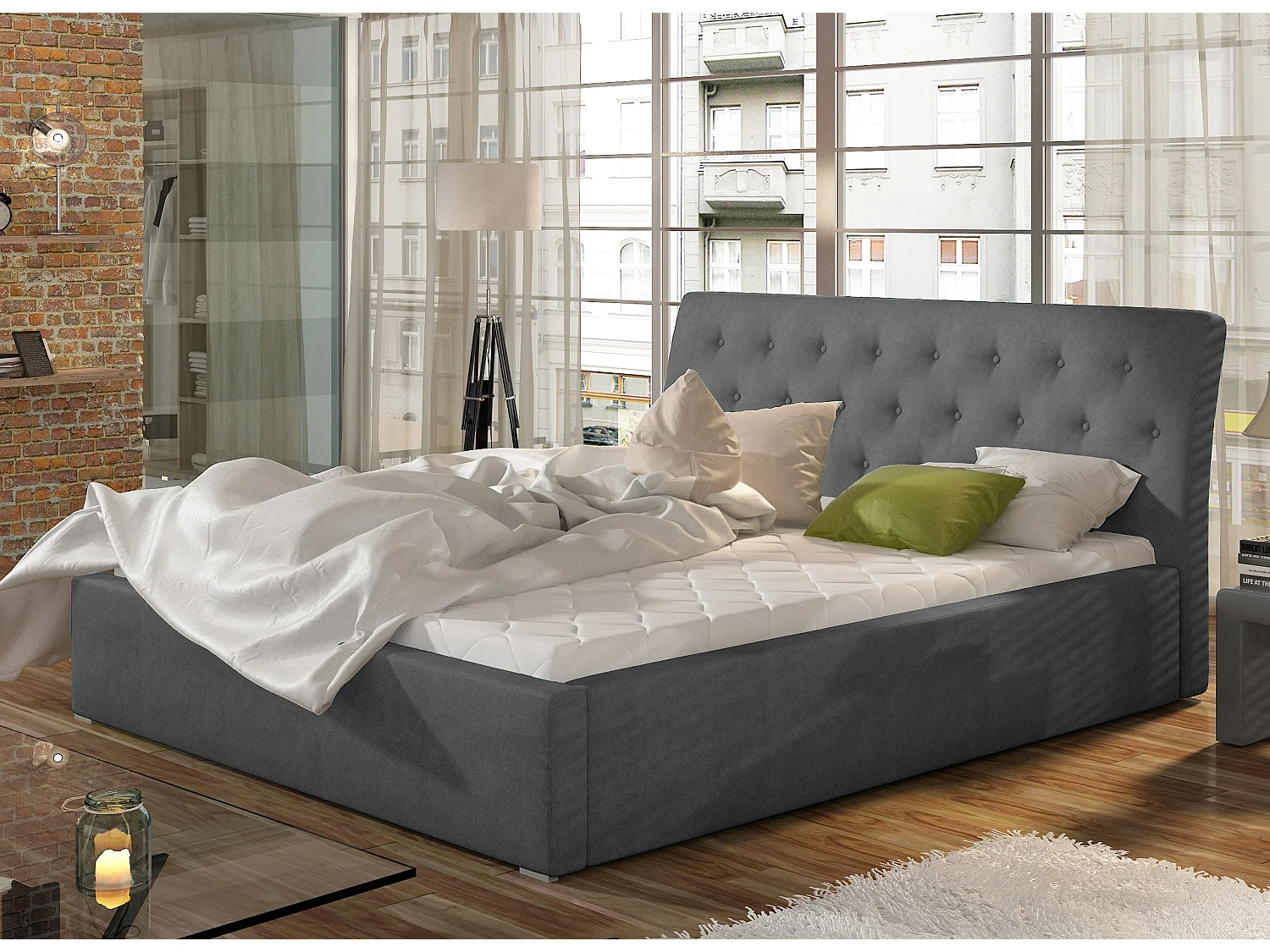 Lit velours capitonné Venizia-Couleur Gris-160x200-Version avec sommier