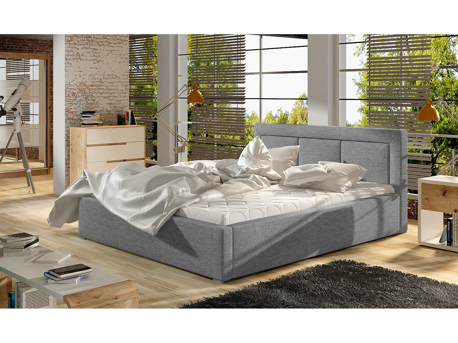 Lit coffre tissu beige chiné grand carré capitonné Berlino-160x200