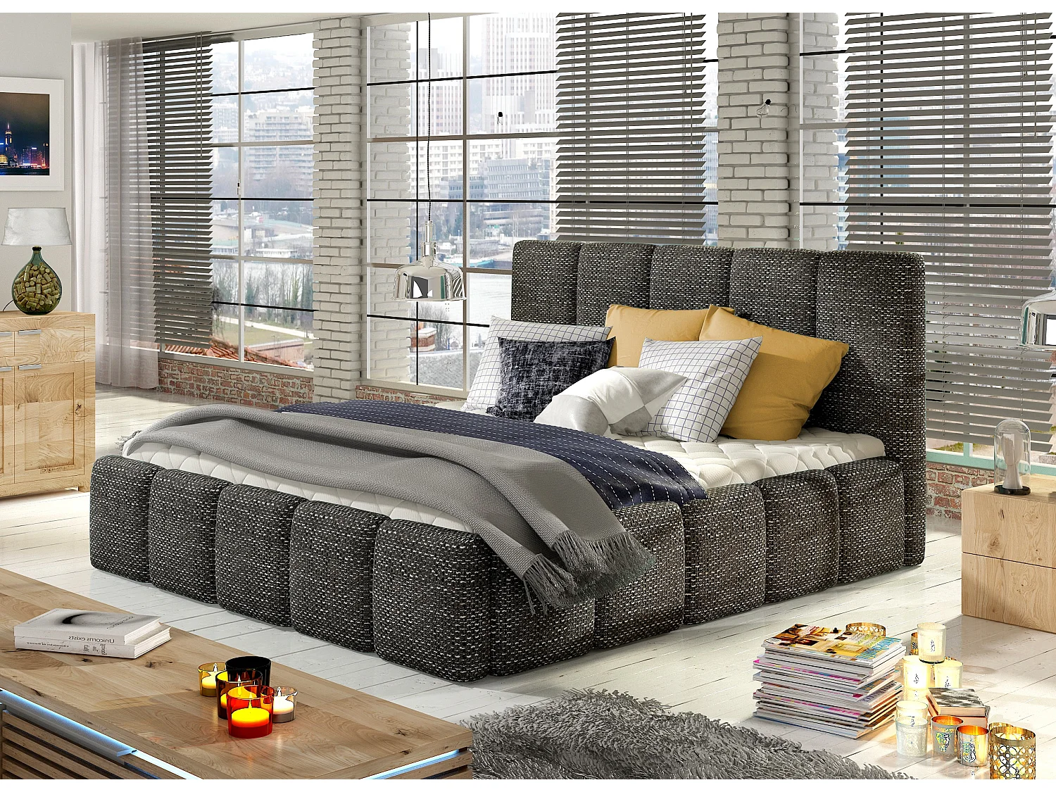 Lit adulte avec coffre de rangement Vika – Tissu capitonné-Noir chiné-160x200