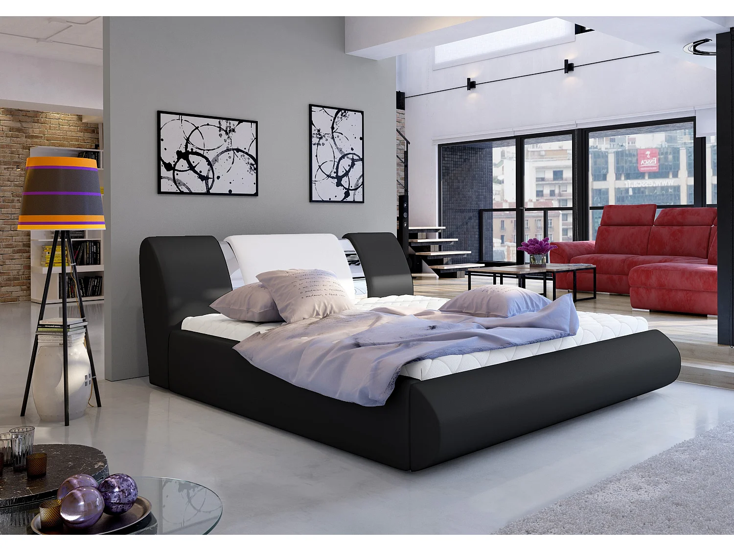 Lit coffre 160x200 simili noir-blanc et métal chromé Flavien