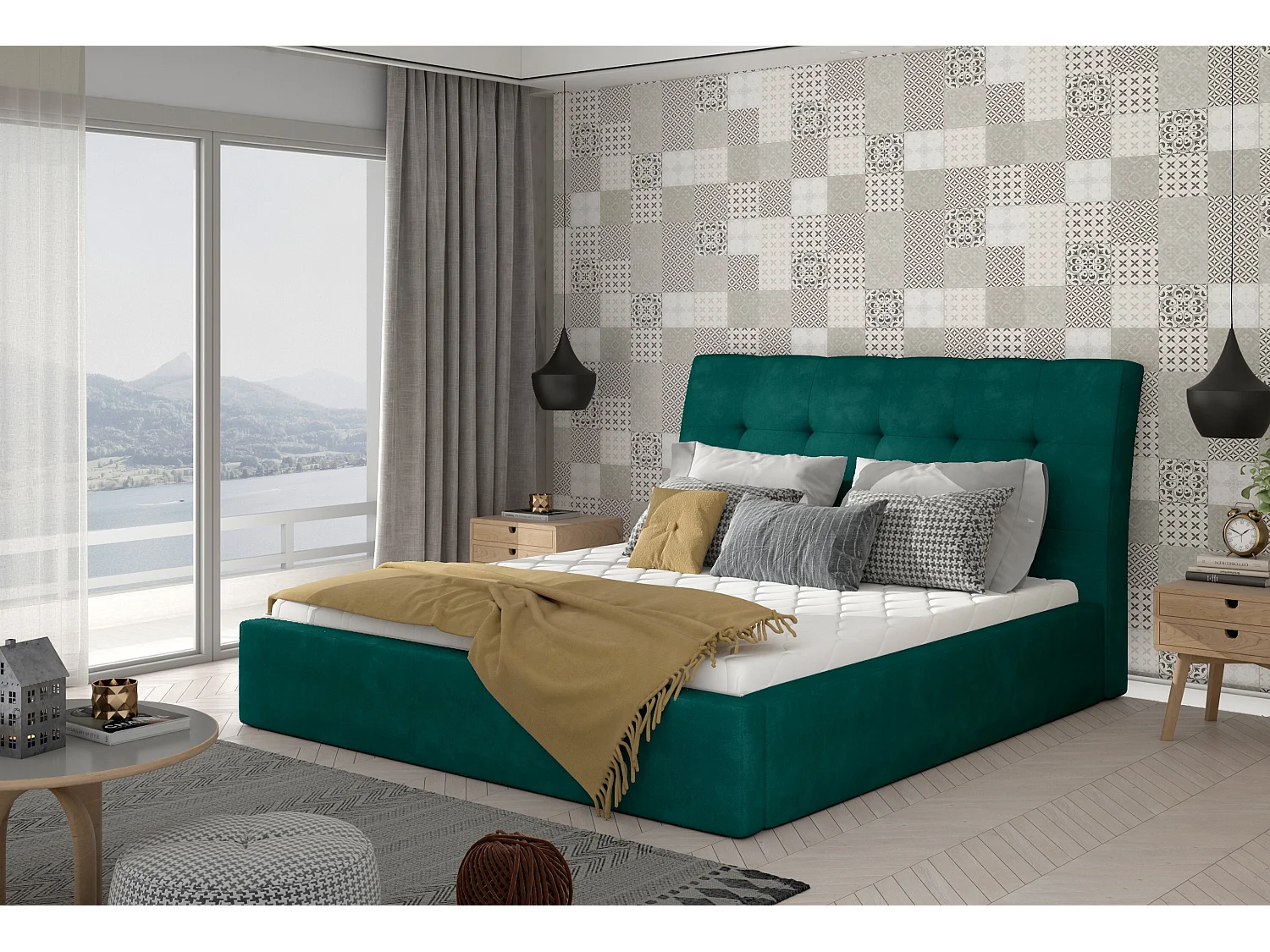 Lit capitonné avec rangement velours vert Klein - 4 tailles-160x200