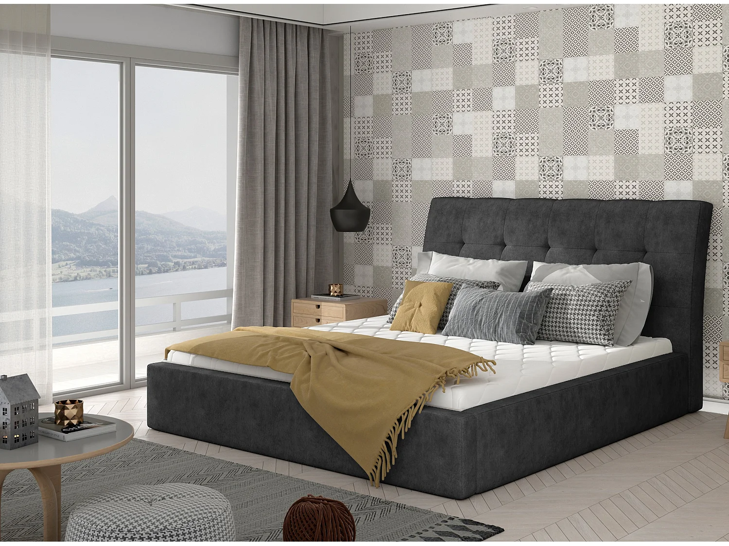 Lit capitonné avec rangement tissu anthracite Klein - 4 tailles-160x200