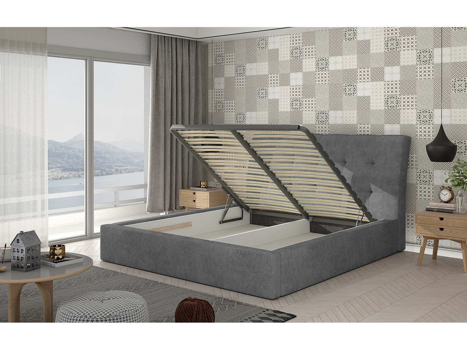 Lit capitonné avec rangement tissu anthracite Klein - 4 tailles-160x200