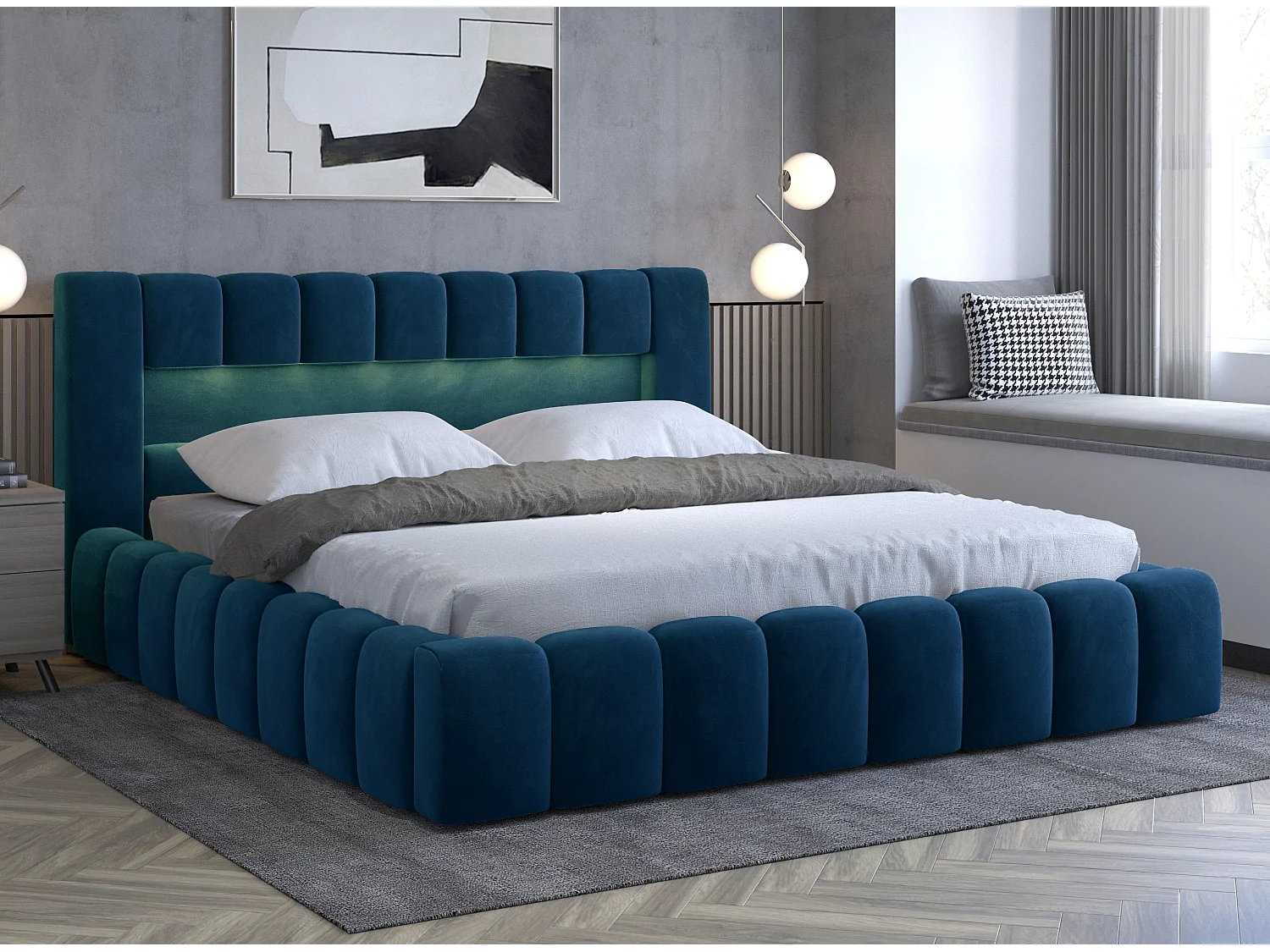 Lit design avec coffre tapissé velours Luto-Couleur Bleu pétrole-140x200