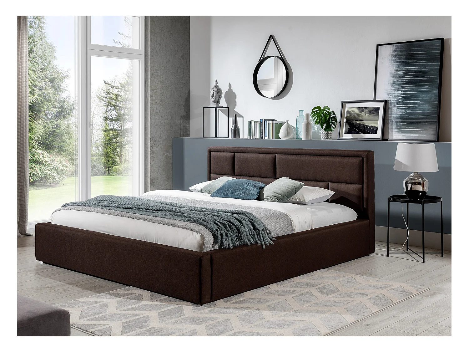 Lit avec coffre tissu marron tête de lit capitonnée Lenzo - 4 tailles-140x200