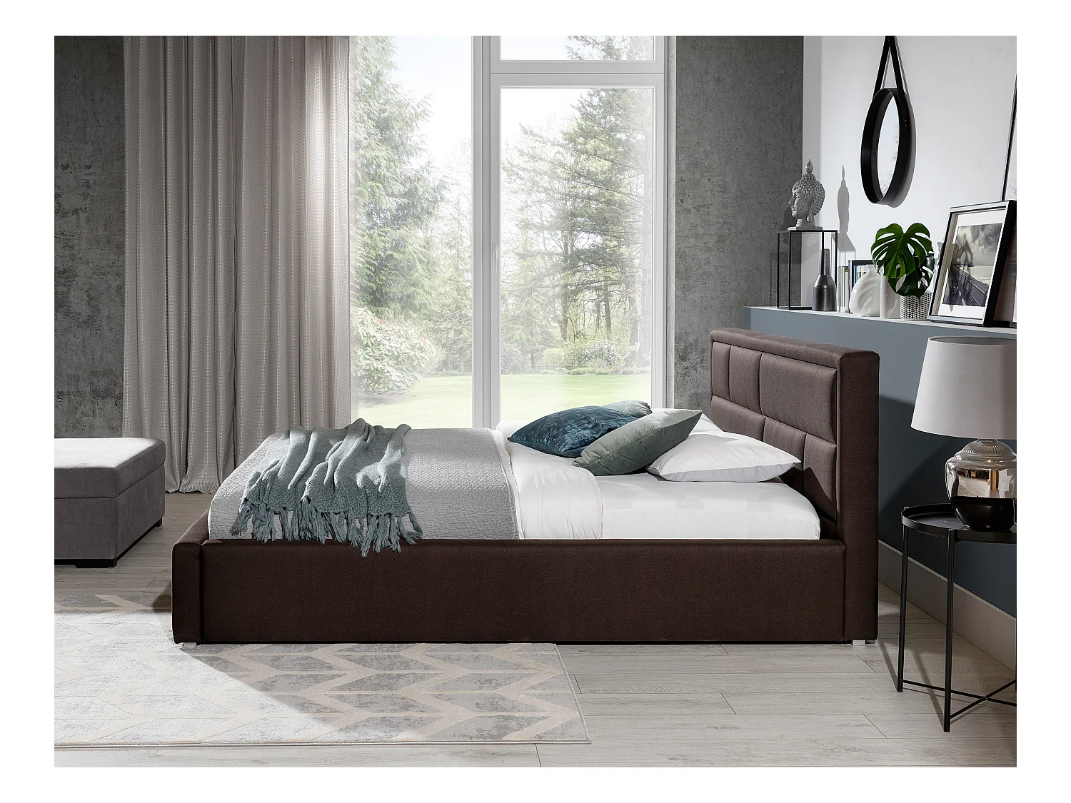 Lit avec coffre tissu marron tête de lit capitonnée Lenzo - 4 tailles-140x200