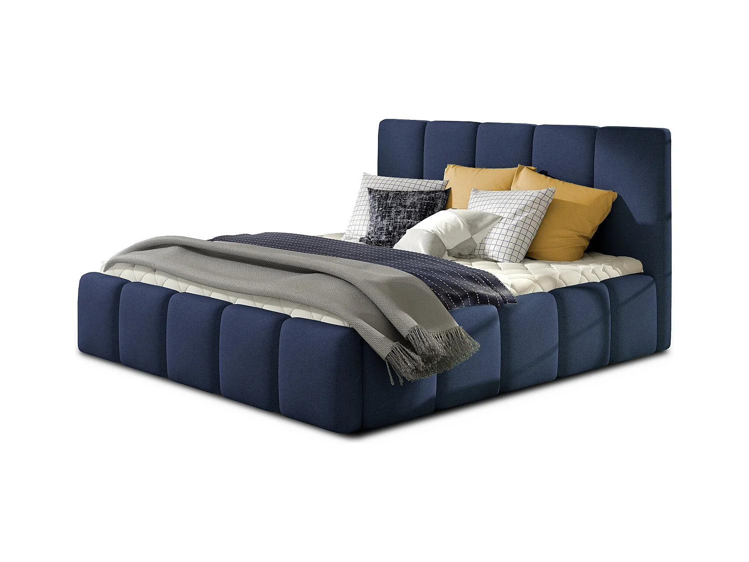 Modern gestoffeerd bed in Vika-stof-Kleur Middernacht blauw-Slapen 160x200cm-Versie met boxspring